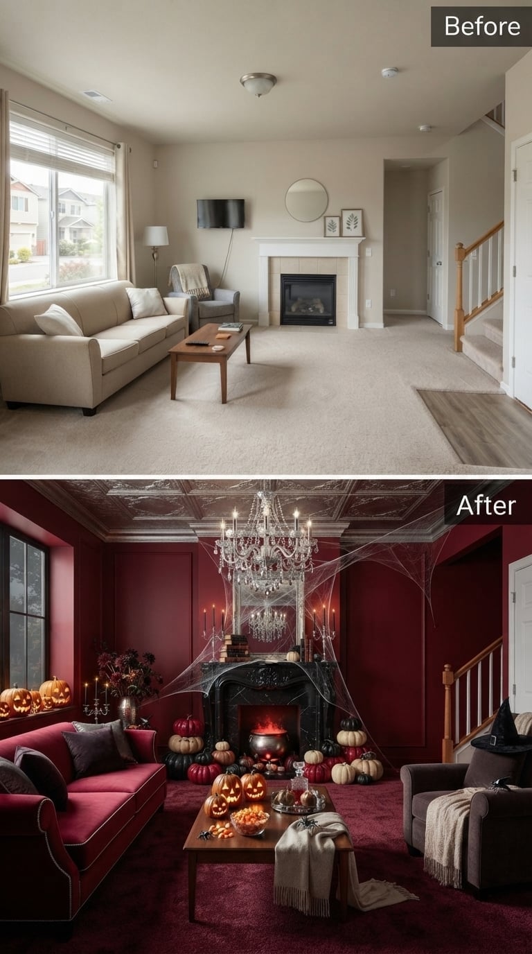Crimson Walls and a Cauldron-Crowned Hearth Dragged This Living Room Into Full Gothic Halloween