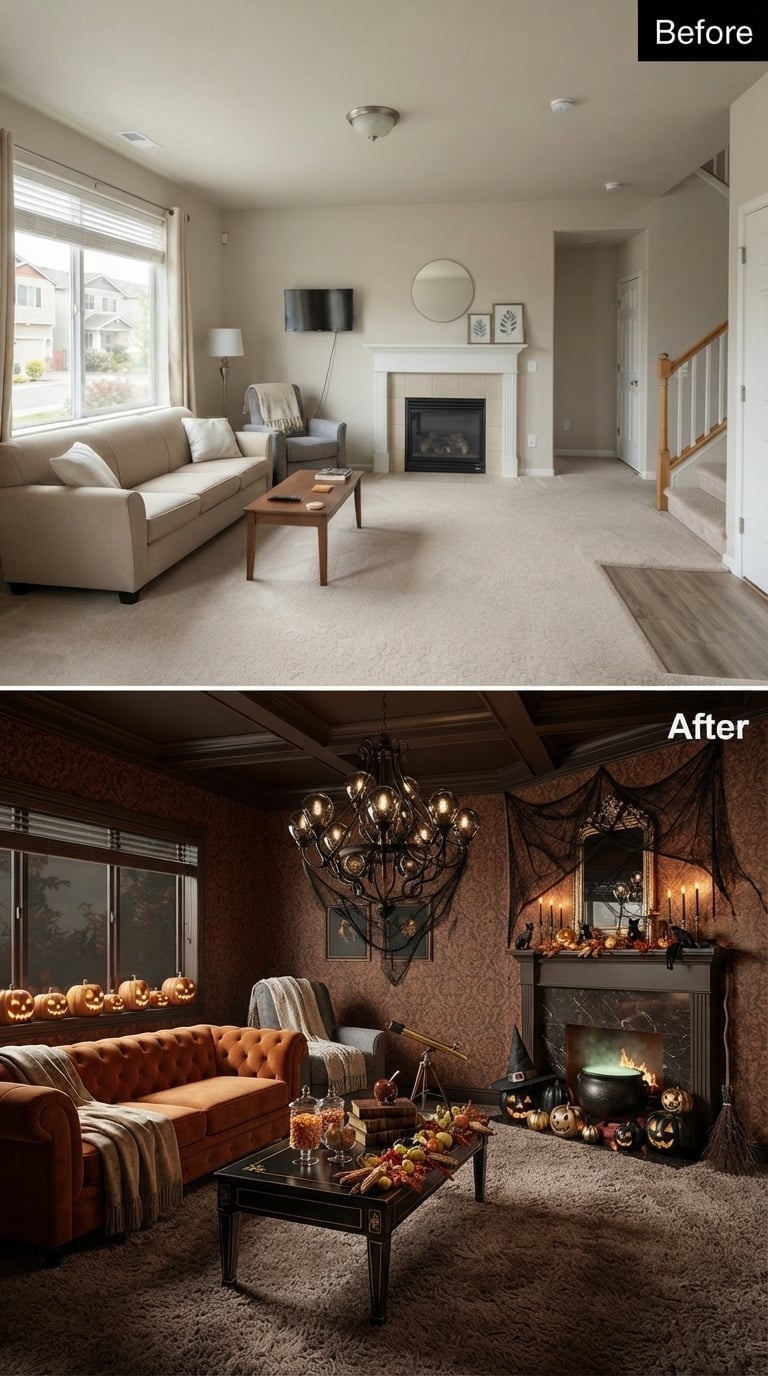 Damask Walls, a Witch's Cauldron Hearth, and Jack-o'-Lanterns Claimed Every Surface