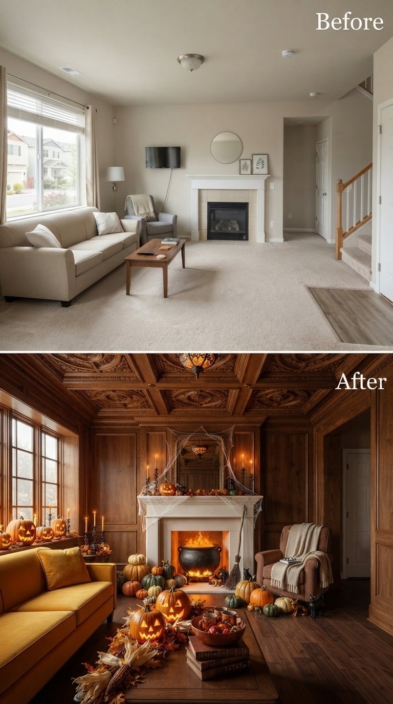 Dark Walnut Paneling and a Bubbling Cauldron Gave This Fireplace Real Drama