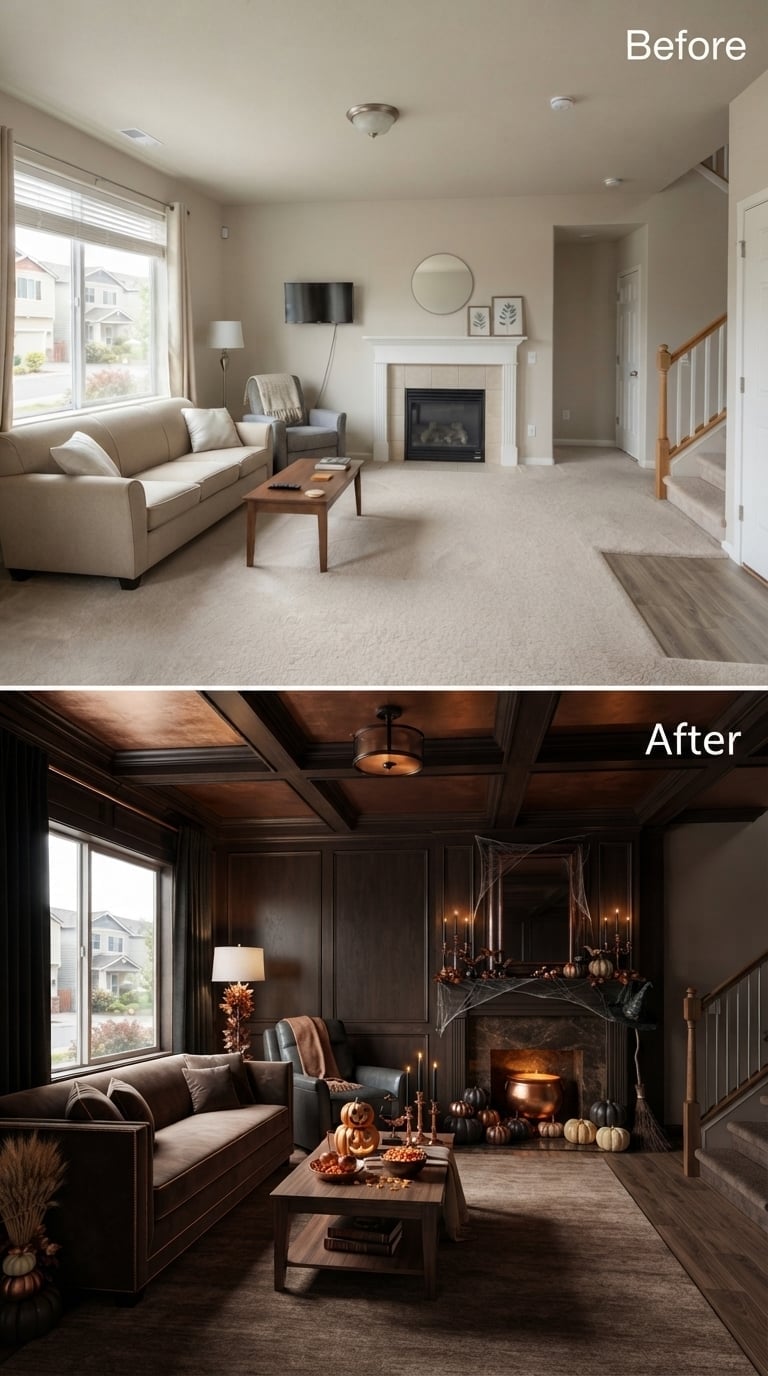 Dark Wood Paneling and a Cauldron-Packed Hearth Pulled This Living Room Into Halloween Territory