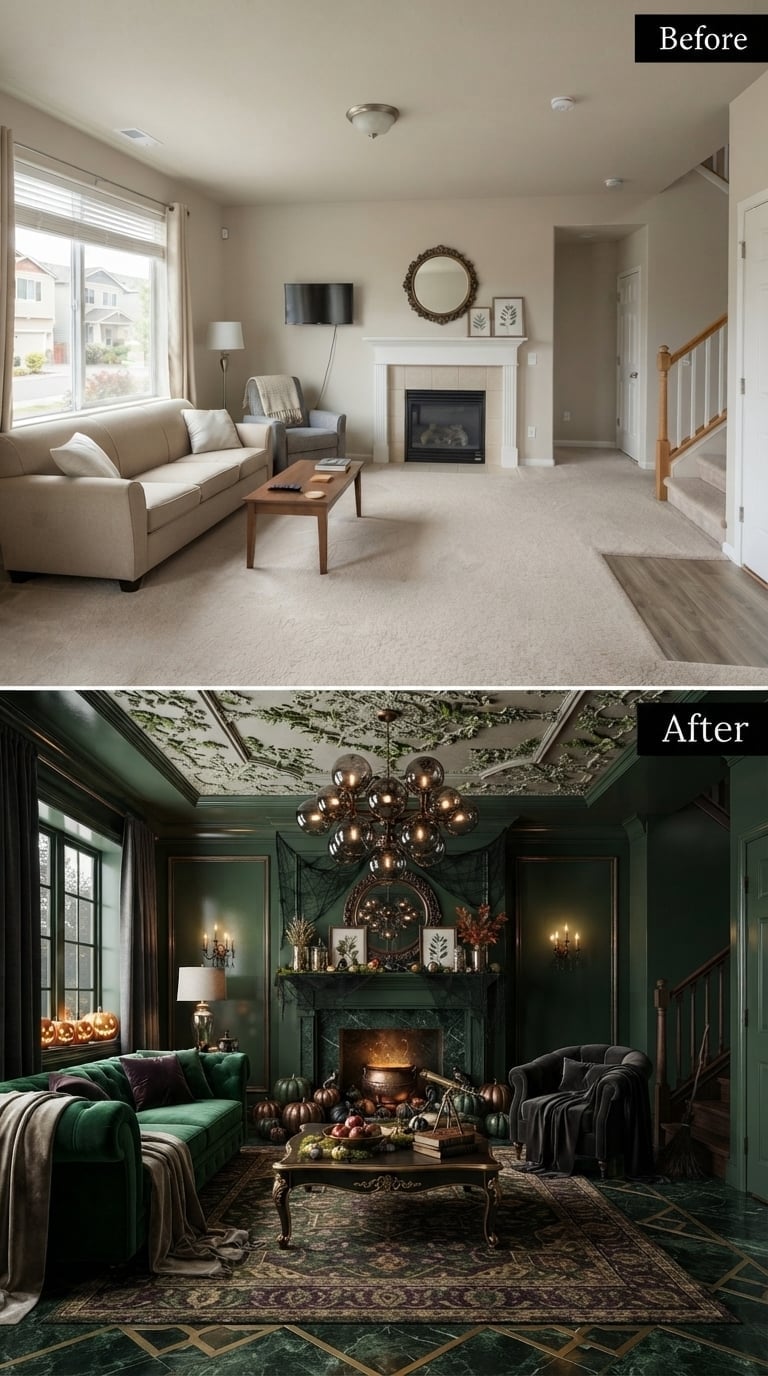 Emerald Velvet, a Marble Hearth, and a Glowing Cauldron Took Over Every Surface