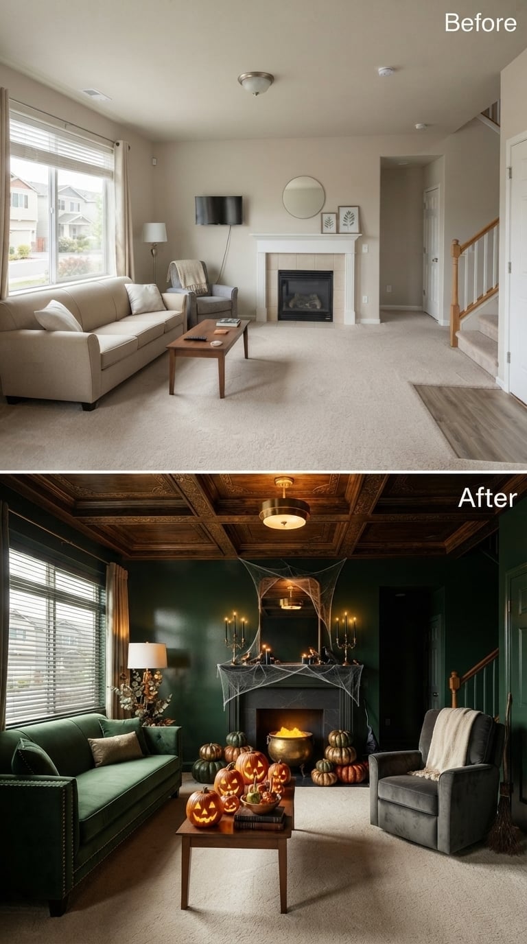 Forest Green Velvet and a Glowing Cauldron Gave This Fireplace Full Halloween Atmosphere