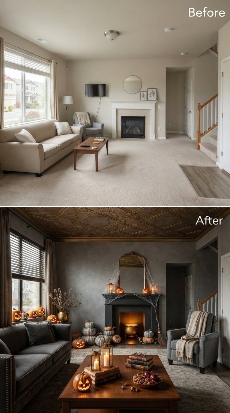 Geometric Tin Ceiling and a Glowing Cauldron Pulled This Gray Room Into Full Halloween