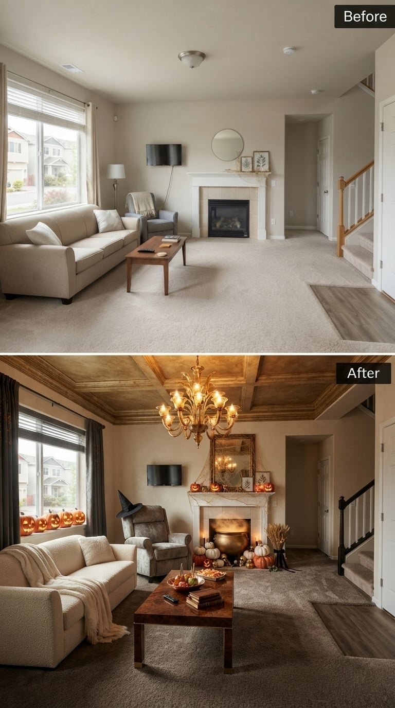 Gold Coffered Ceiling and a Smoking Cauldron Gave This Fireplace Full Harvest Witchcraft