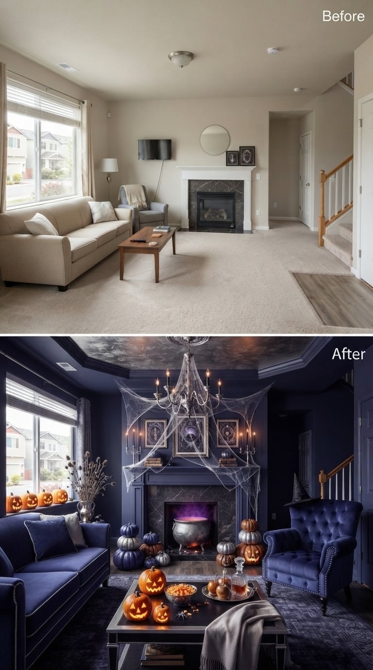 Midnight Blue Velvet and a Purple-Smoking Cauldron Claimed This Fireplace for Halloween
