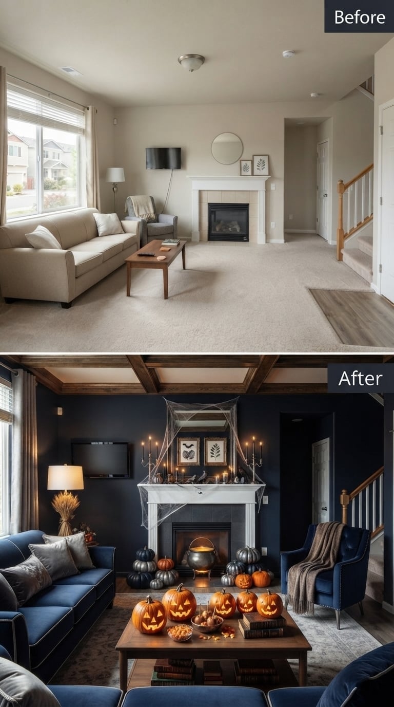 Navy Velvet, Coffered Oak Beams, and a Glowing Cauldron Claimed This Fireplace for Halloween
