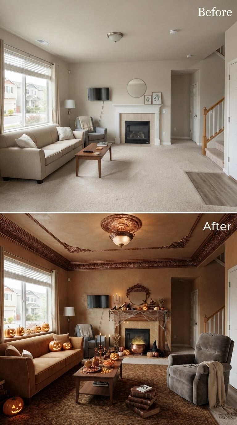 Ornate Crown Molding and Glowing Jack-o'-Lanterns Haunted This Living Room