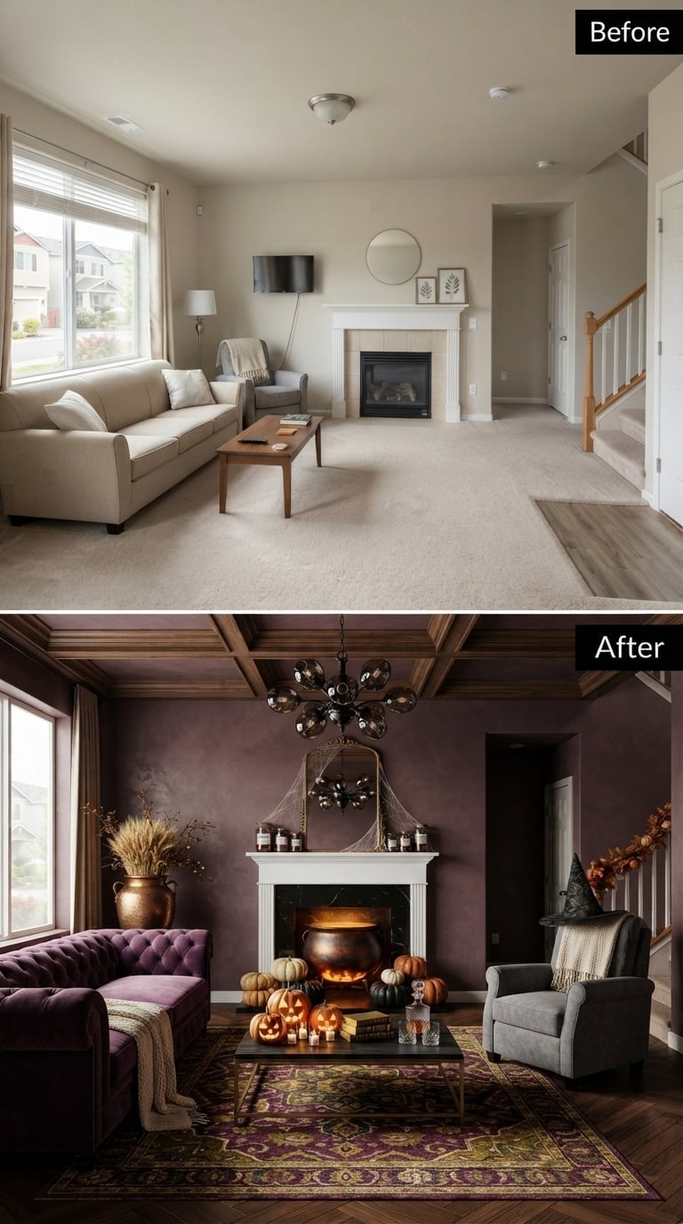Plum Velvet and a Glowing Cauldron Gave This Fireplace Serious Witch-House Energy
