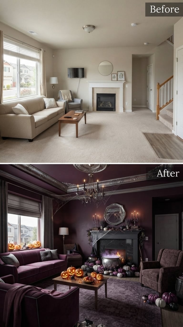 Plum Velvet and a Smoking Cauldron Pulled This Fireplace Into Full Halloween Harvest