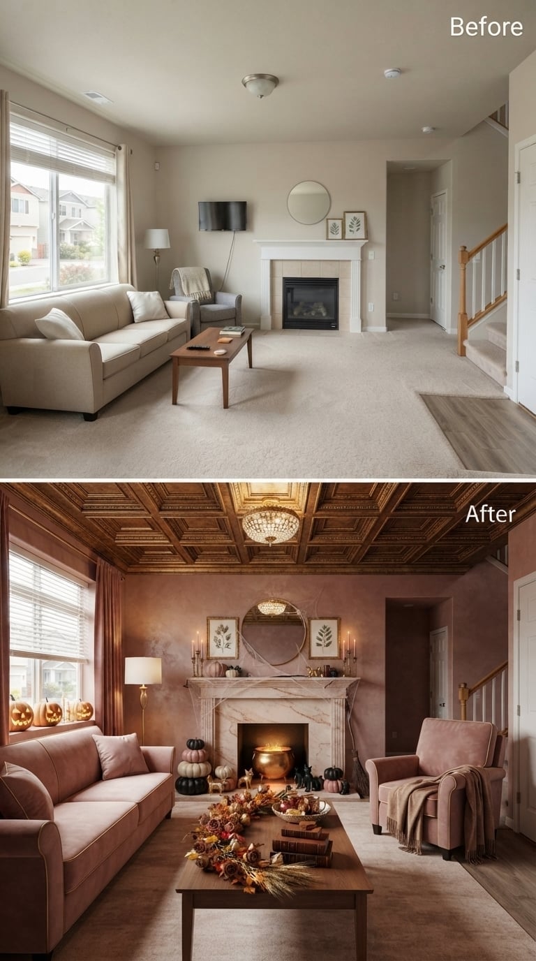 Rose Plaster Walls and a Cauldron-Lit Marble Hearth Gave This Room Full Harvest Witchcraft