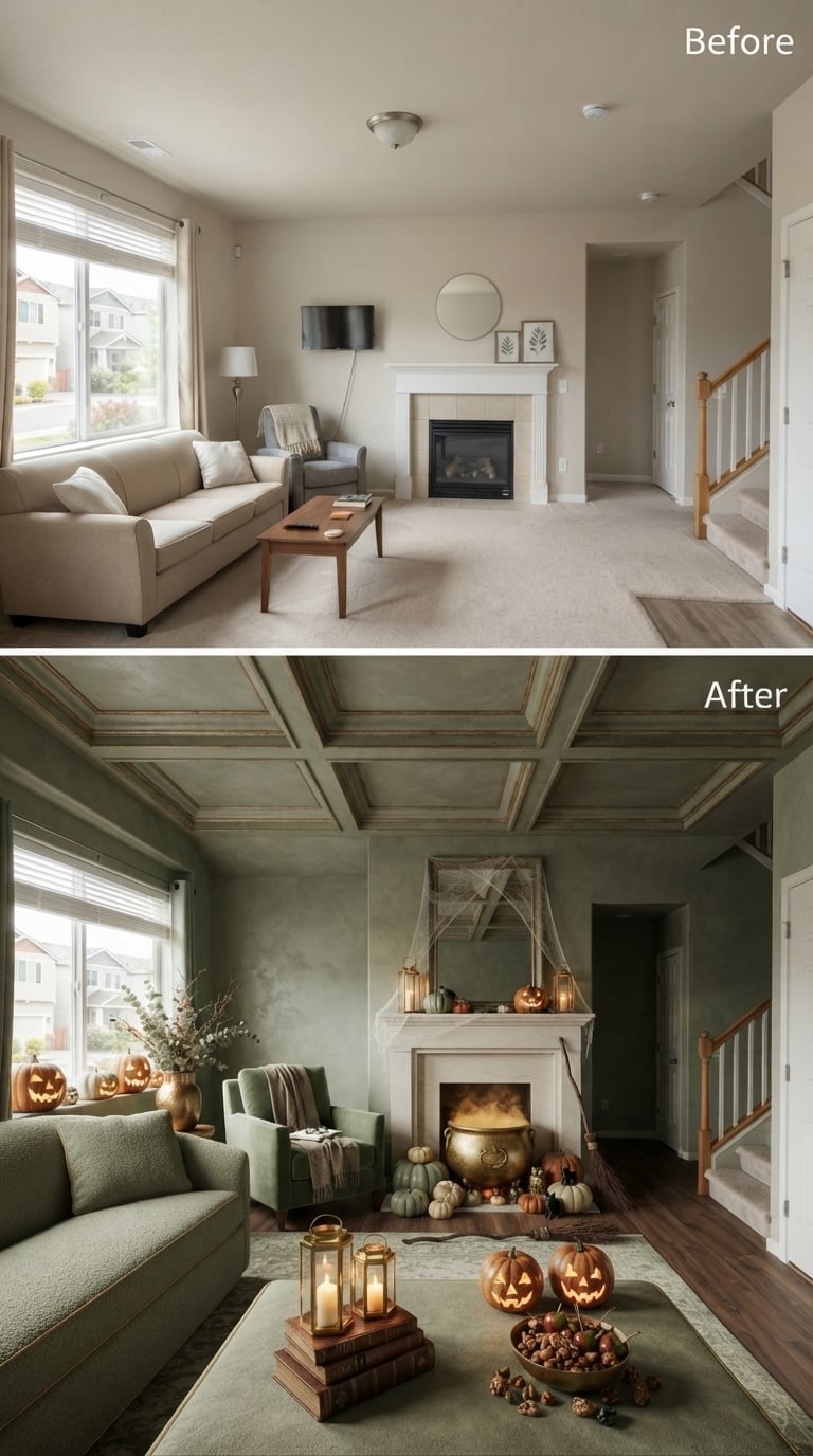 Sage Green Walls and a Bubbling Cauldron Made This Fireplace Feel Like a Spell in Progress