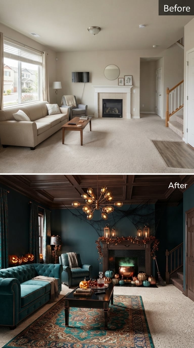 Teal Velvet and a Bubbling Cauldron Gave This Fireplace Full Witch-House Personality