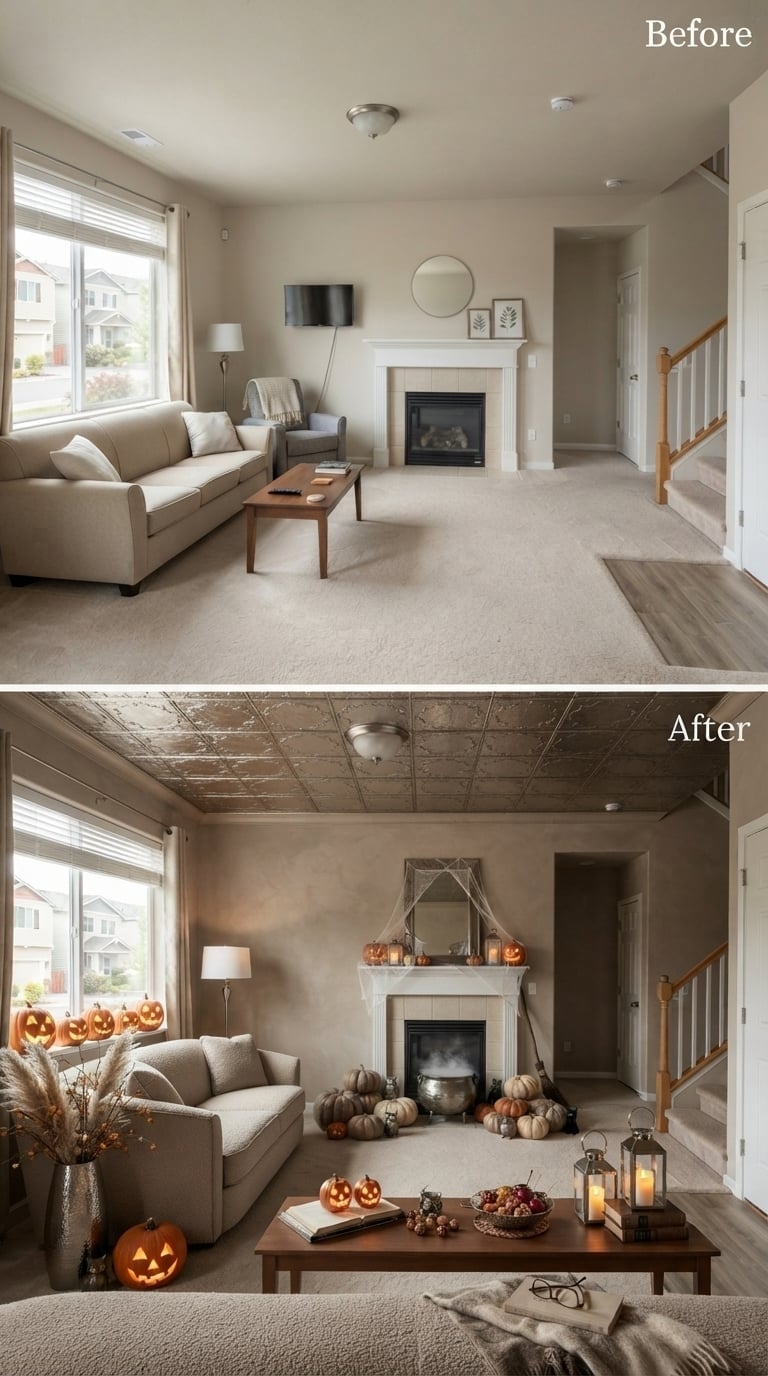 Tin Ceiling Tiles and a Cauldron-Filled Hearth Made This Space Hauntingly Cozy