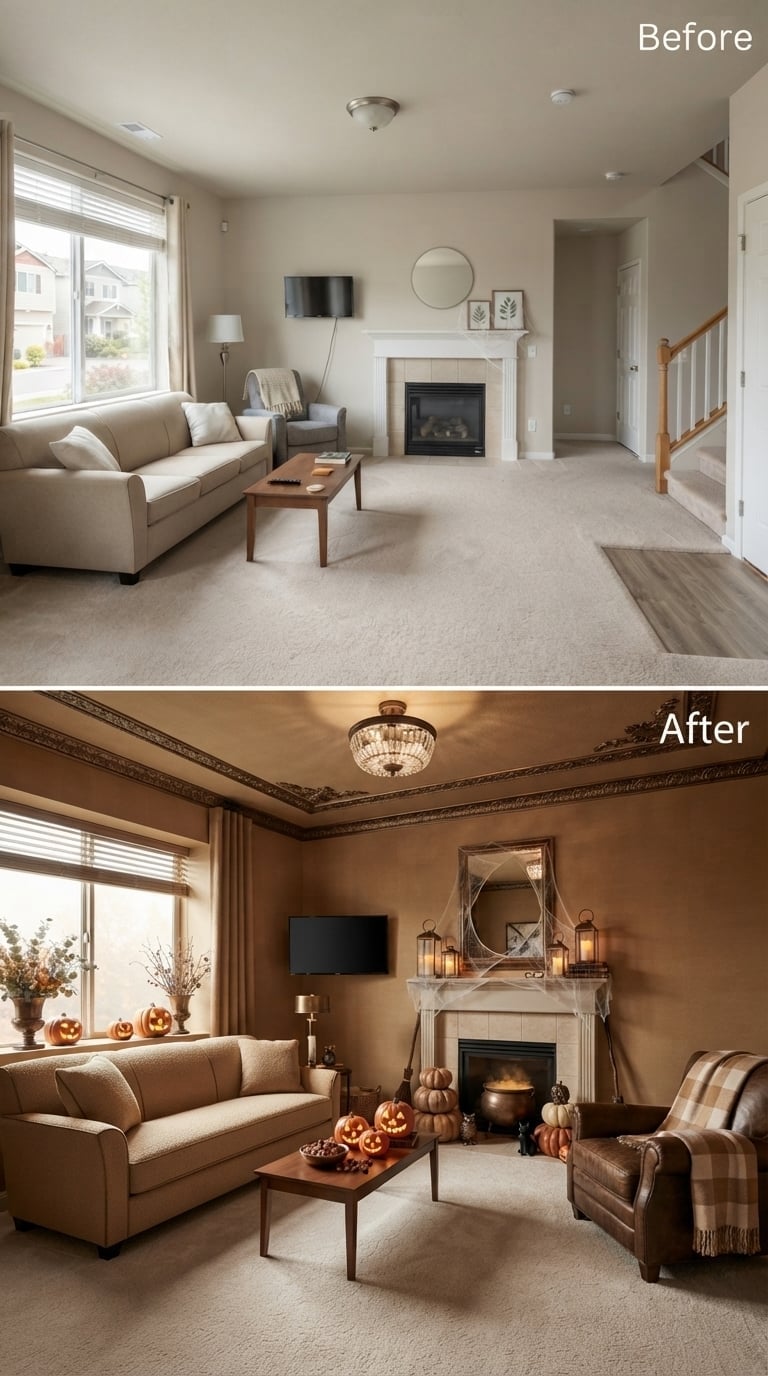 Warm Terracotta Walls and a Cauldron-Crowded Hearth Pulled This Room Into October