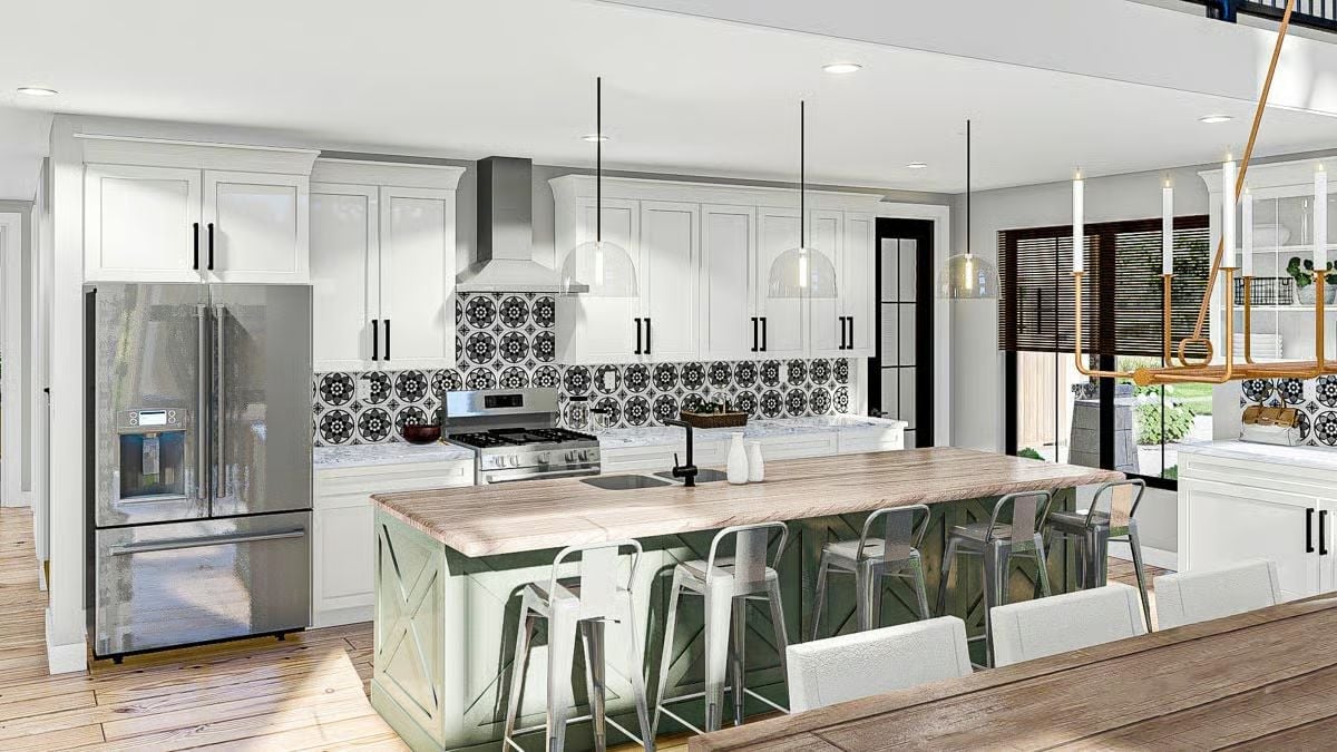 Green Island Base, Patterned Tile, and Pendant Lights That Don't Try Too Hard