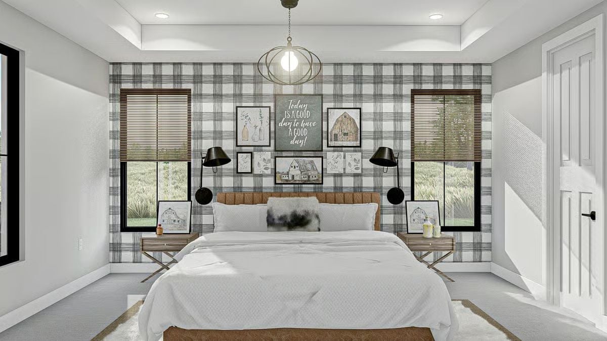 Plaid Accent Wall With a Gallery Arrangement That Knows Its Own Scale