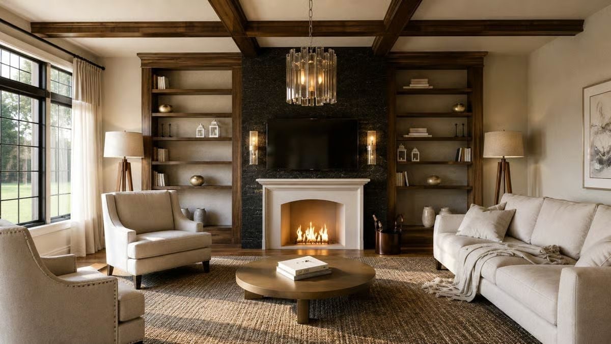 Coffered Ceiling, Live Fire, Built-Ins: The Living Room Doing All the Heavy Lifting