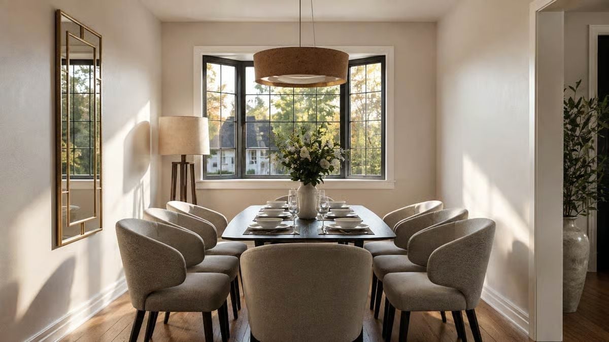 Cork Pendant, Bouclé Chairs, Black Table: Dining Room Earns Its Quiet Confidence