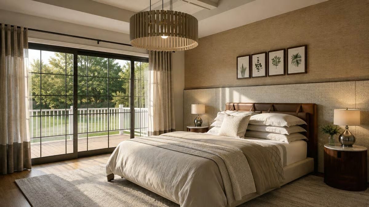 Grasscloth Walls and a Slatted Drum Pendant Make the Primary Bedroom Worth Coming Home To
