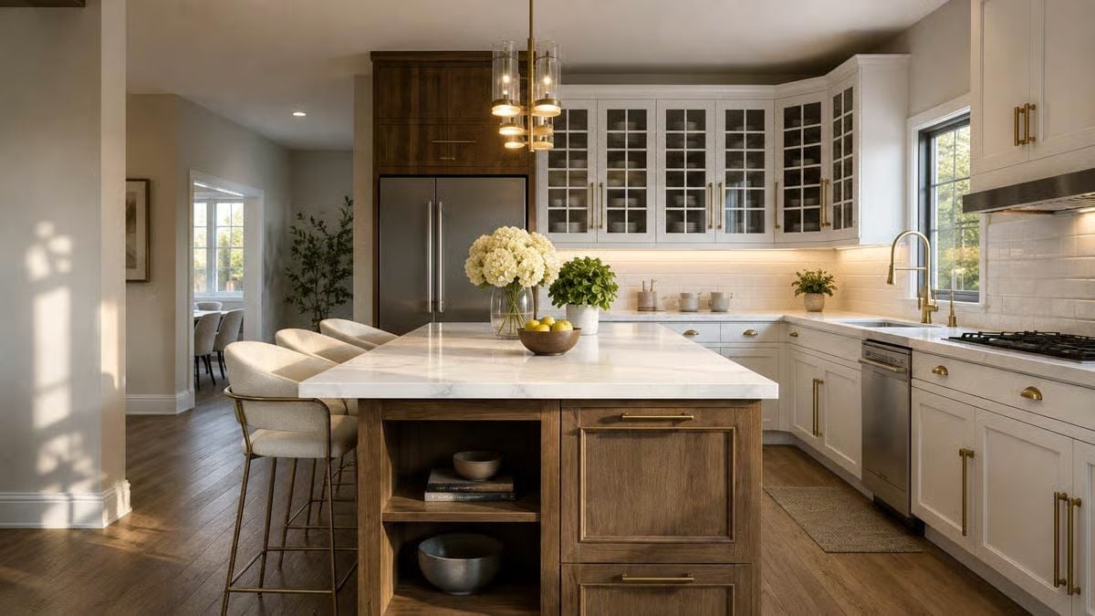 Marble Island, Warm Wood Base, Brass Pulls: Kitchen Gets the Balance Right