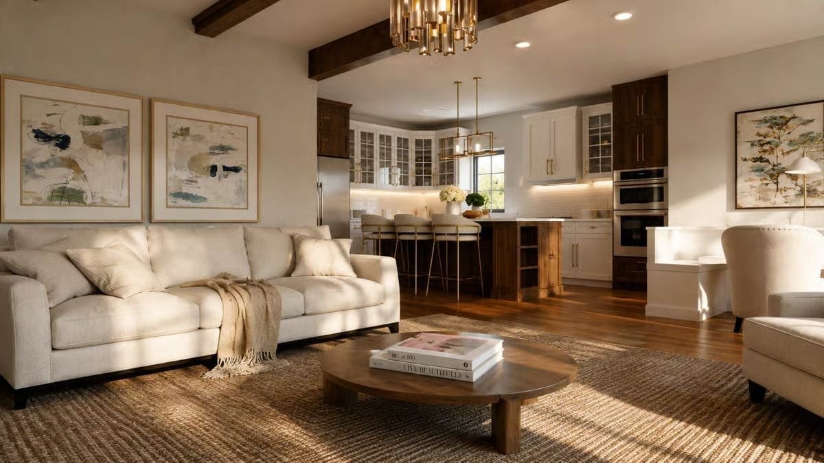 Warm Wood Beams and Brass Light Hit Different in an Open-Concept Great Room