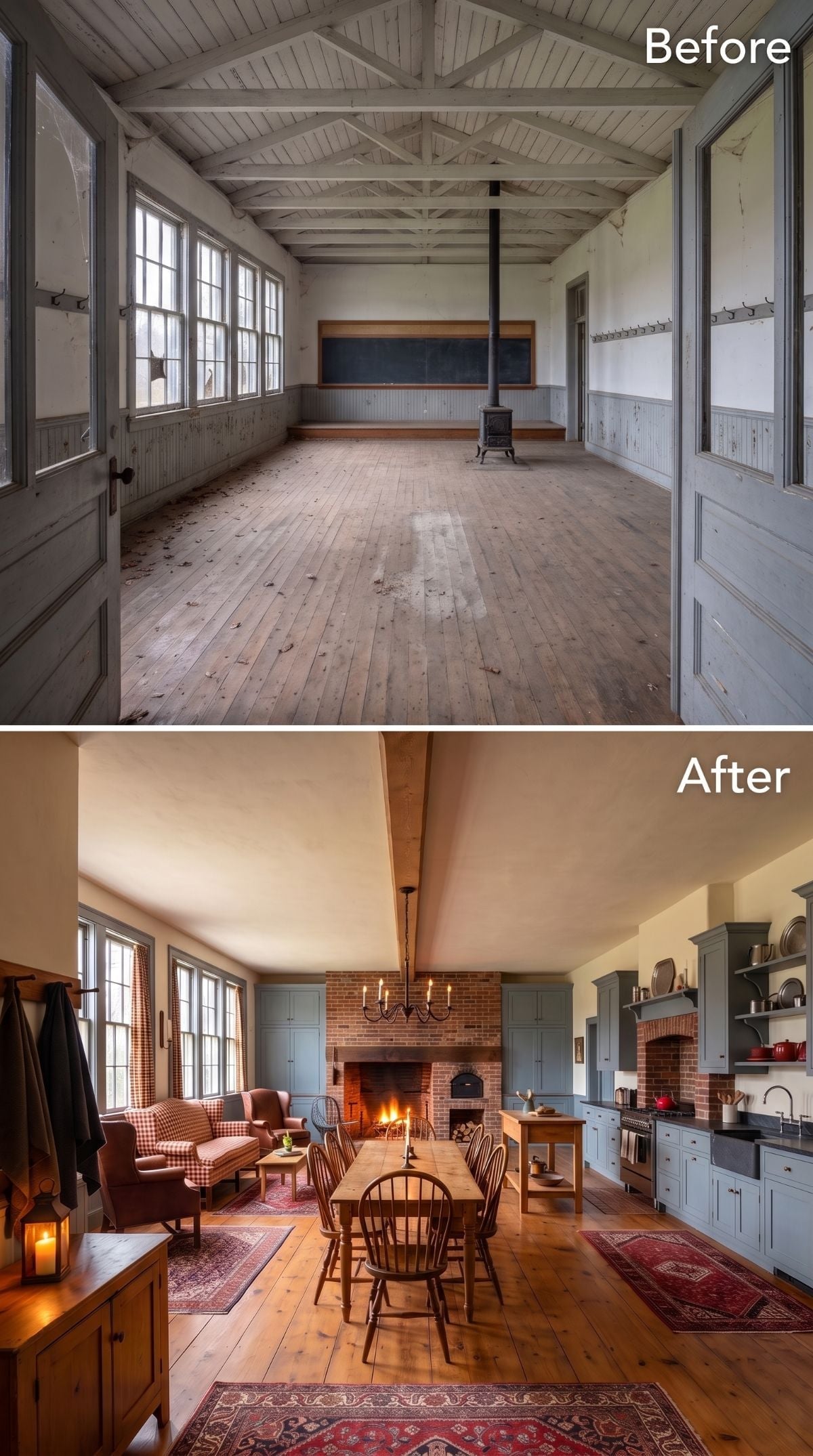 Brick Fireplace, Blue-Gray Cabinets, and a Schoolhouse That Learned to Cook