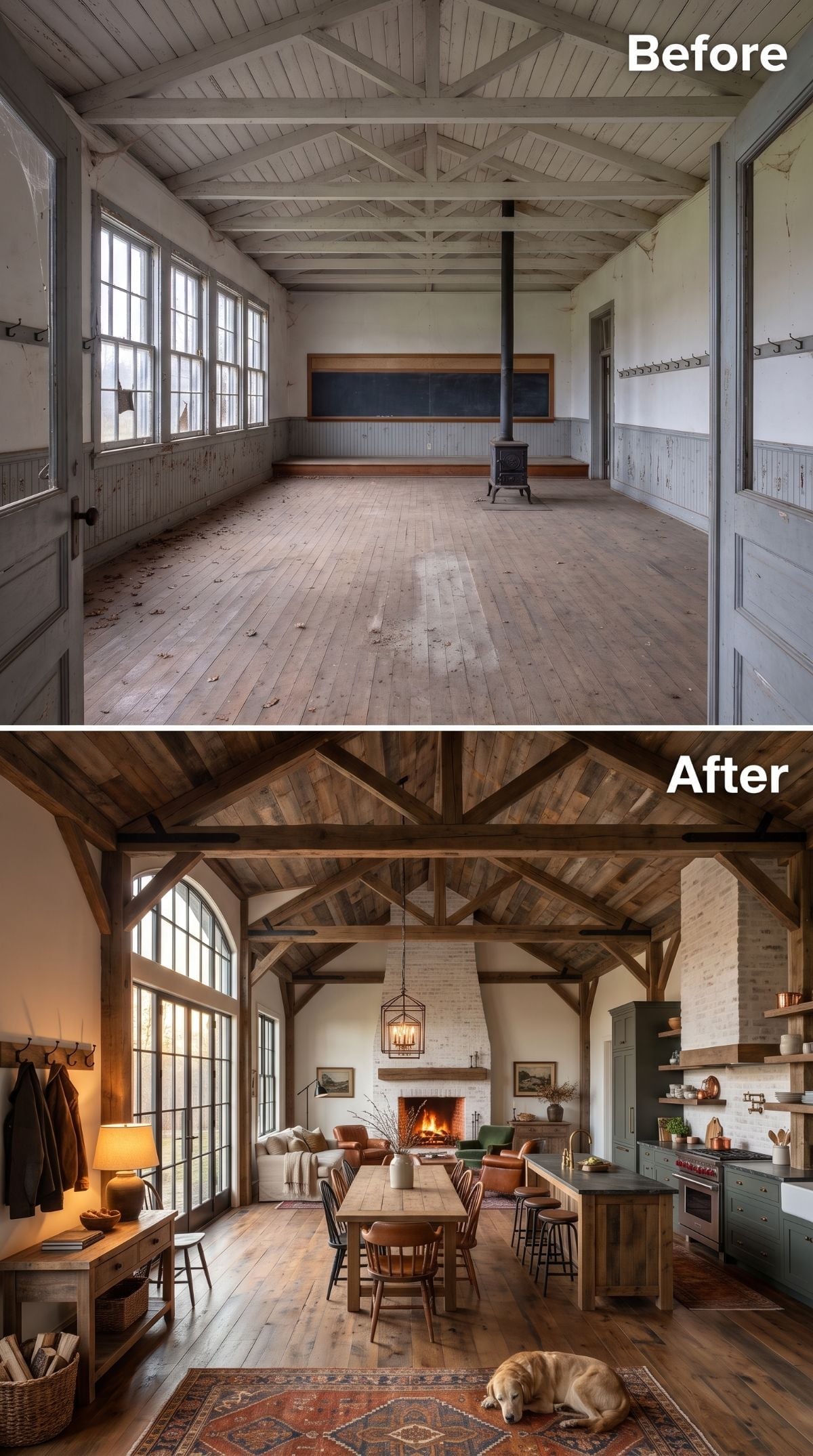 Chalkboard Wall Gone, Brick Fireplace In: Schoolhouse Gets Its Forever Look