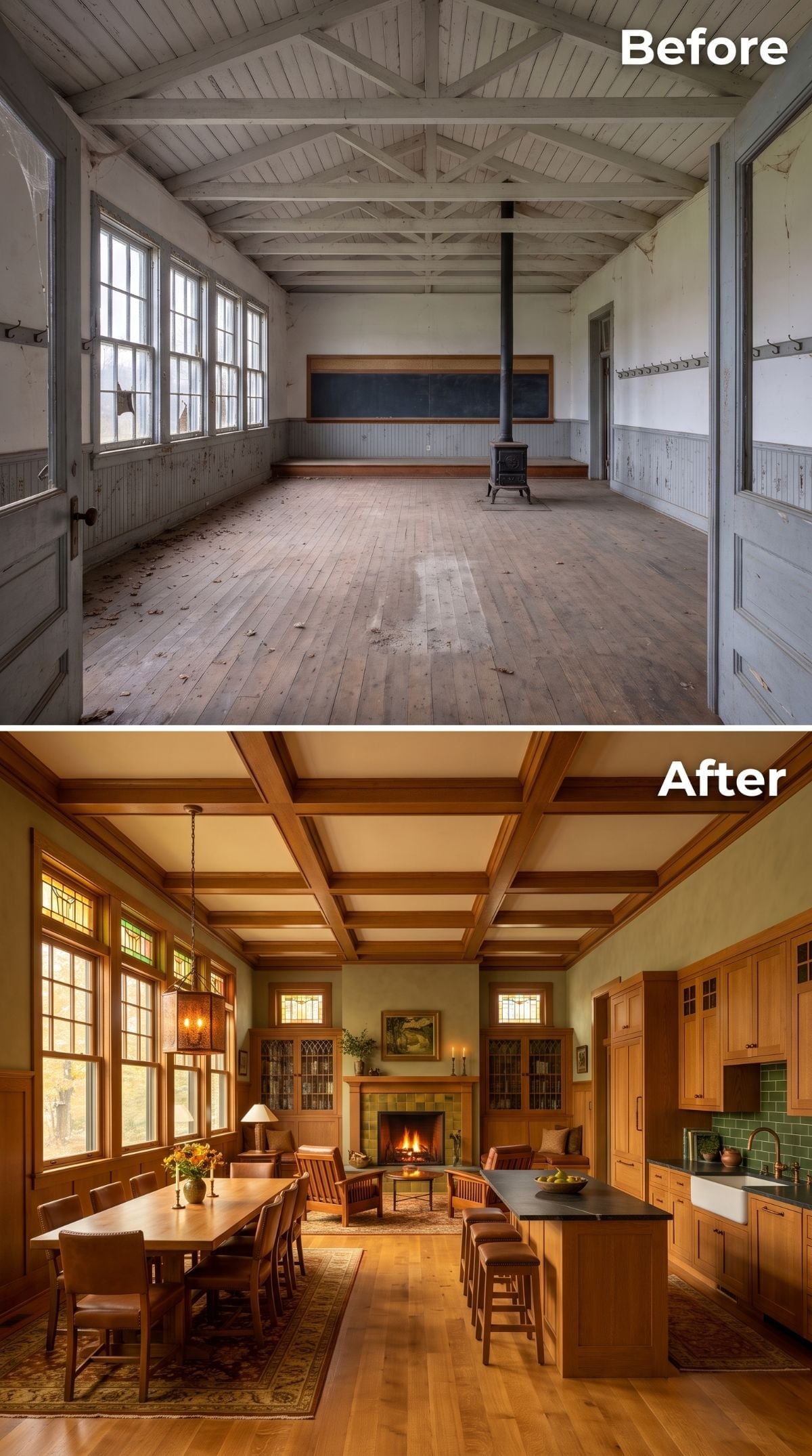 Coffered Oak Ceiling, Stained Glass Transoms, and a Schoolhouse Built for Sunday Dinners