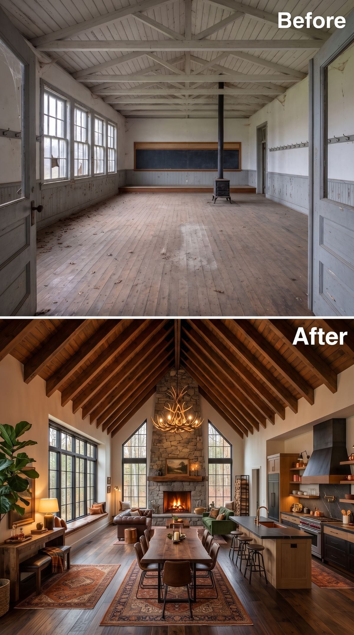 Dark Rafters, Antler Light, Stone Fireplace: Schoolhouse Becomes Country Lodge