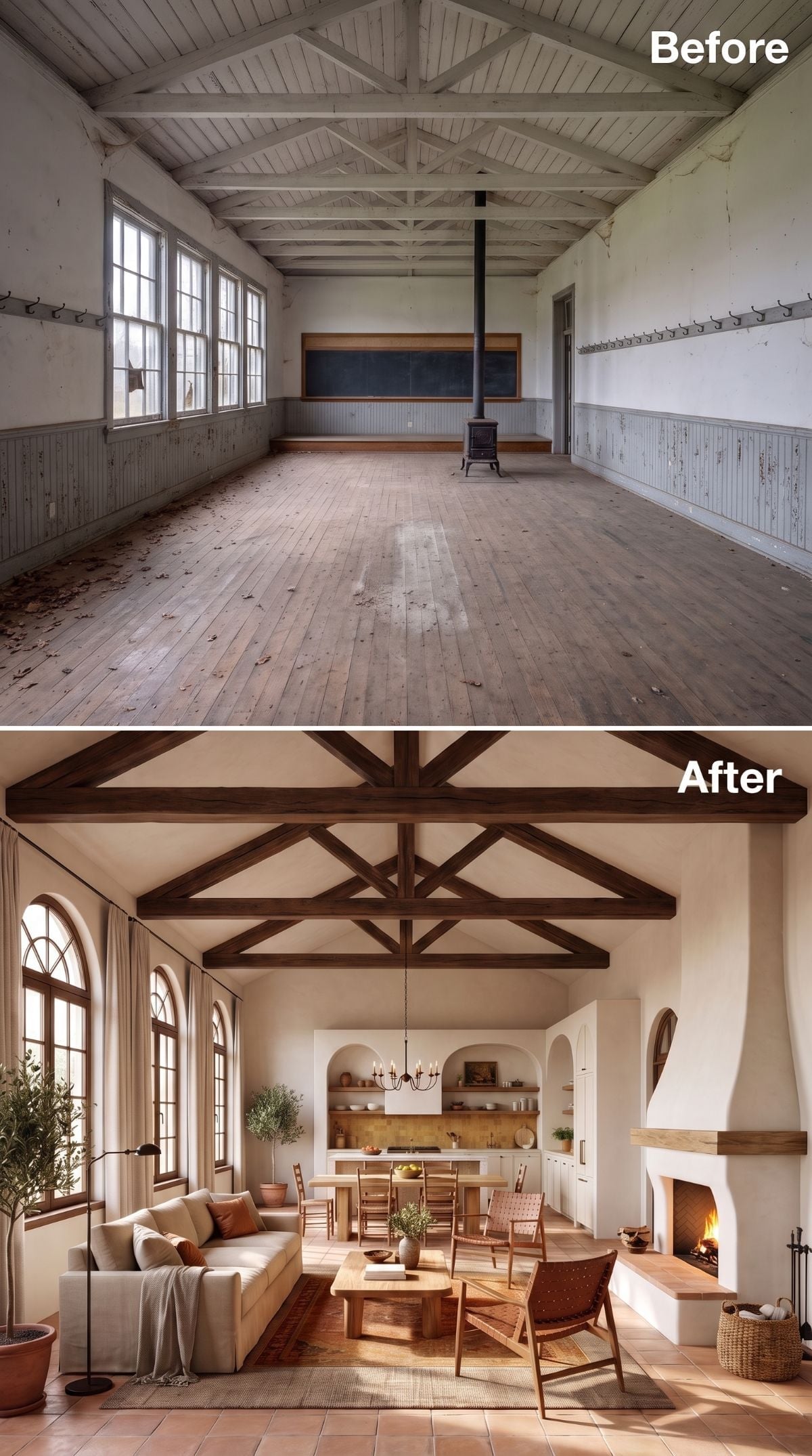 Dark Walnut Trusses, Warm Plaster Walls, and One Very Convincing Fireplace