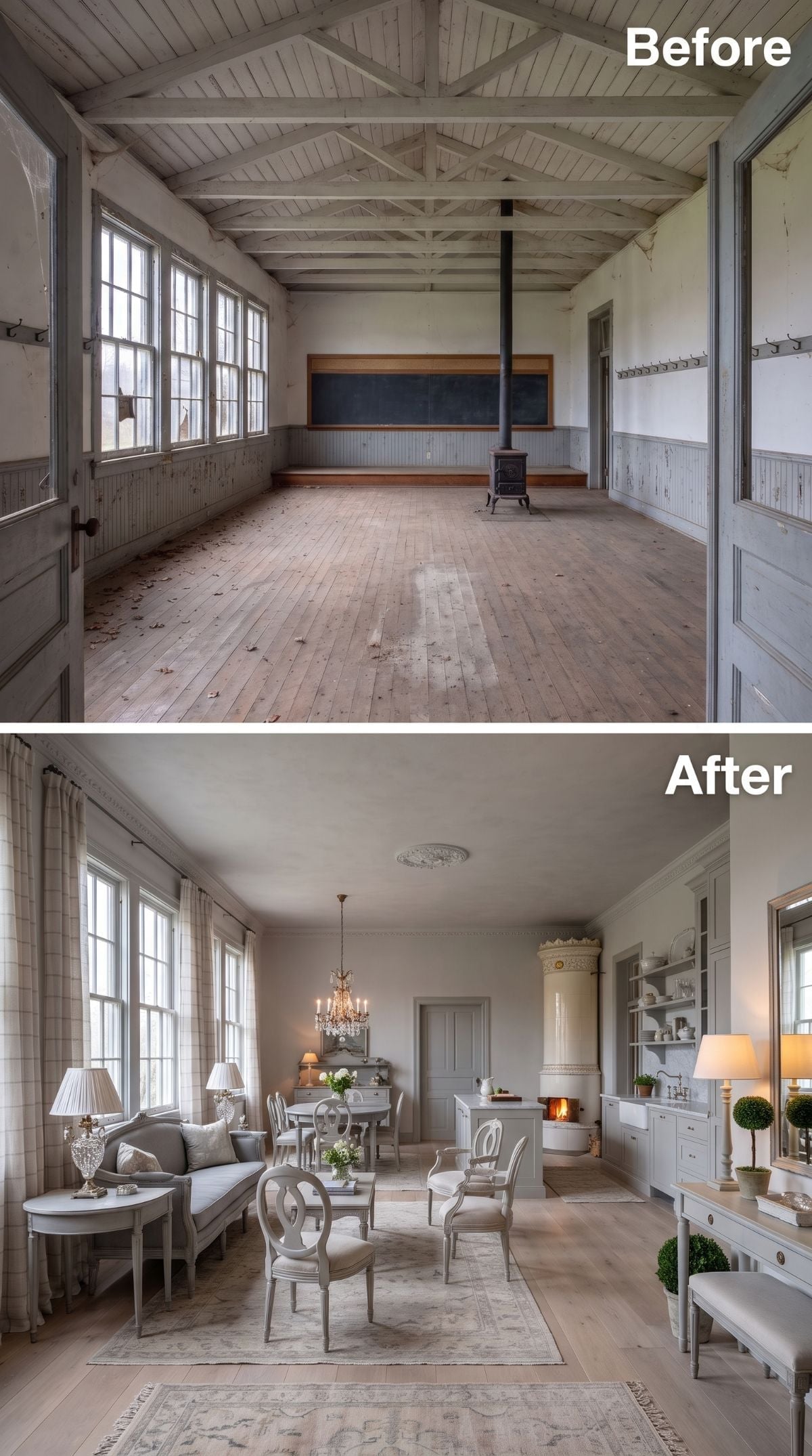 Old Schoolhouse Chalk Rail Kept, Everything Else Rethought in Gustavian Gray