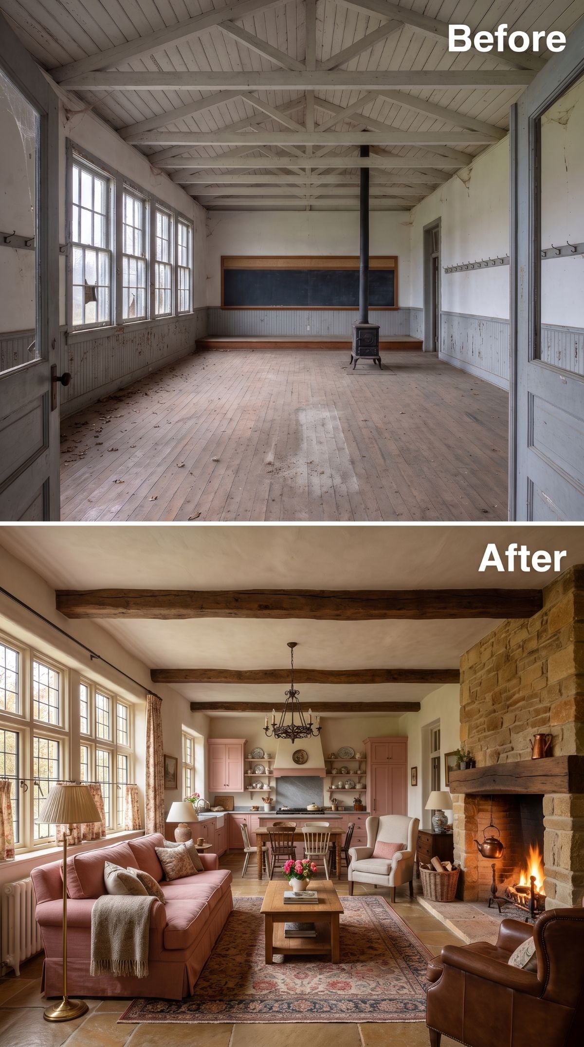 Pink Sofas, Stone Fireplace, Exposed Beams: Schoolhouse Earns Its Warmth