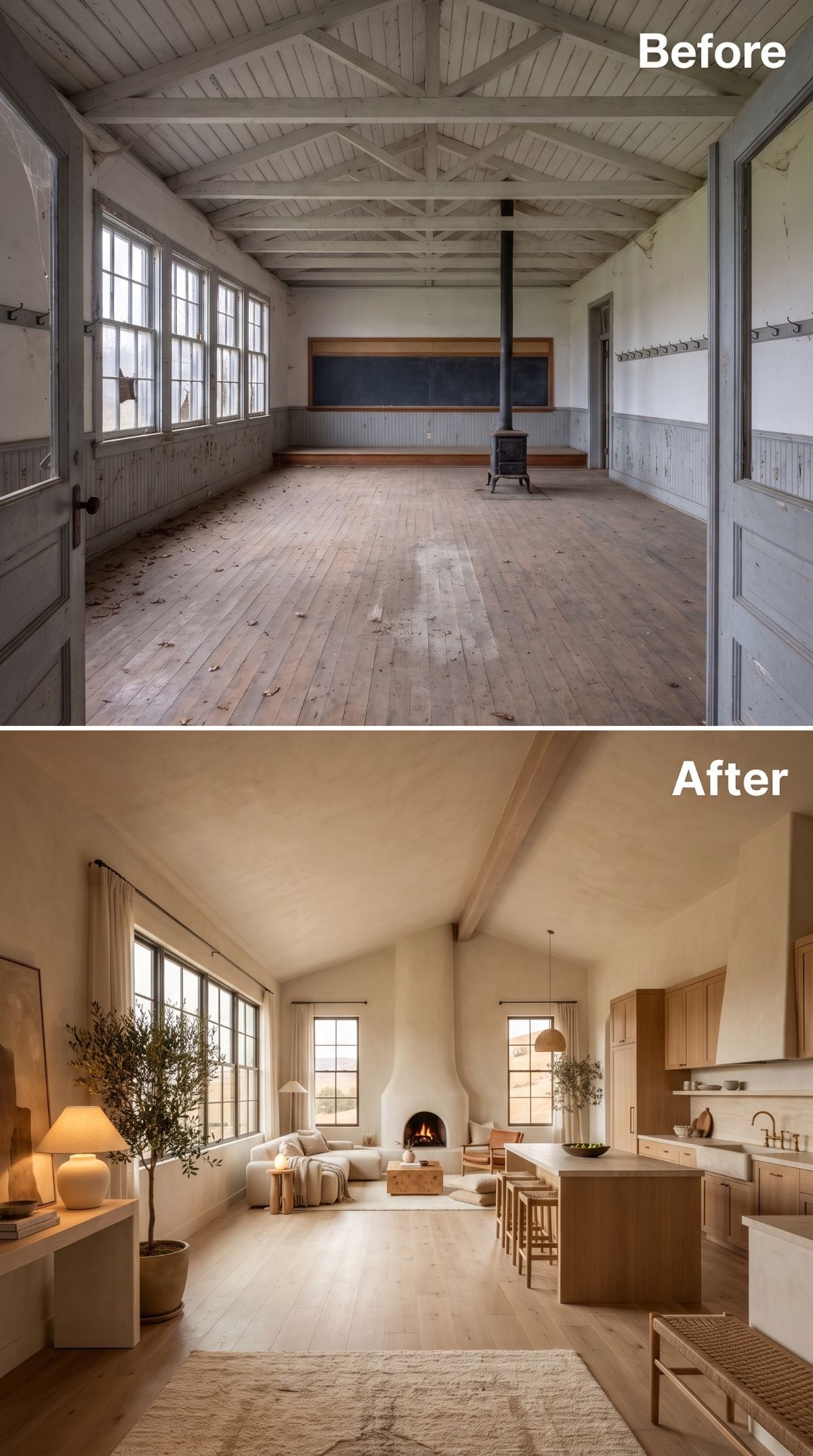 Plaster Walls, Warm Oak Cabinets, and a Schoolhouse That Forgot Its Past Life