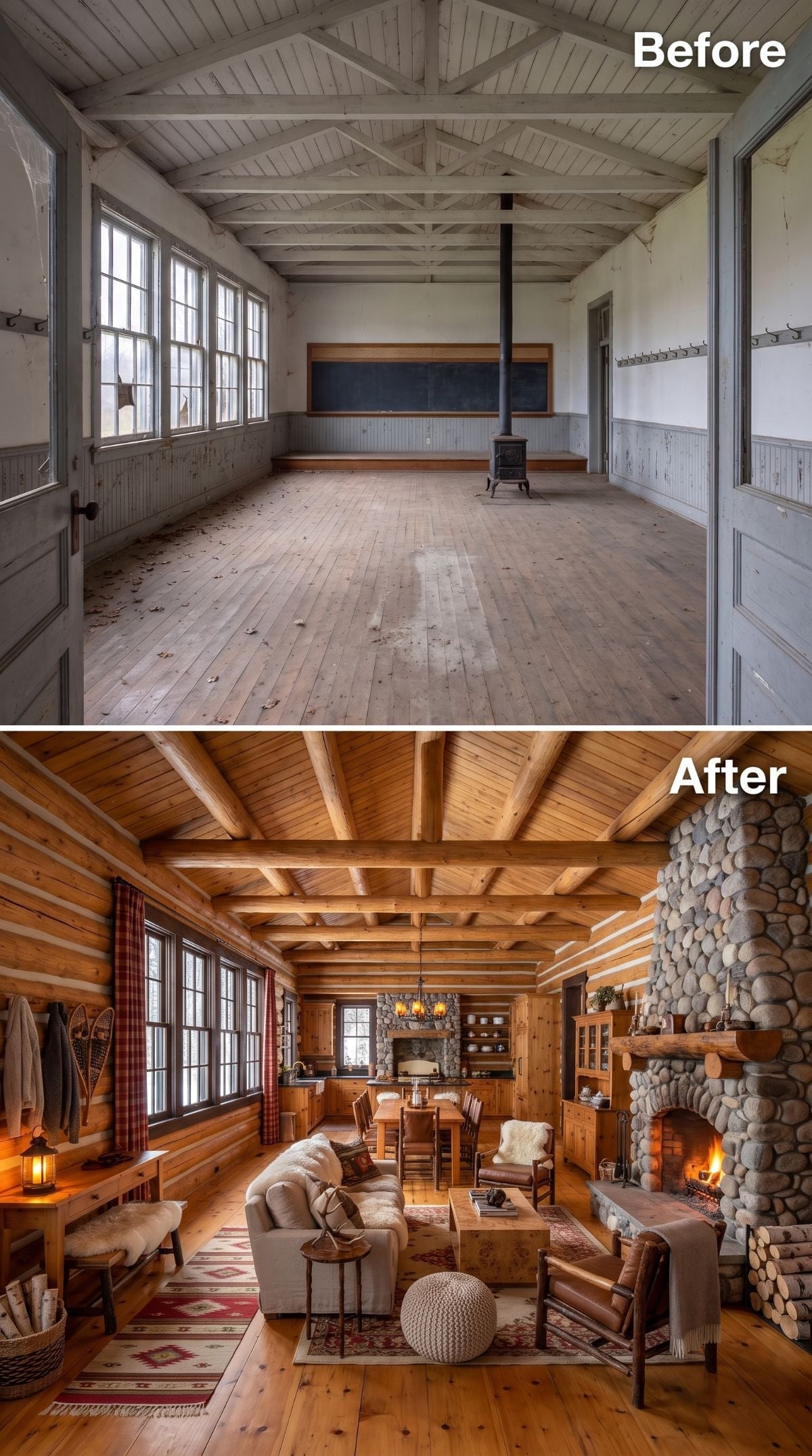 River Stone Fireplace, Log Walls, and a Schoolhouse That Chose the Mountains