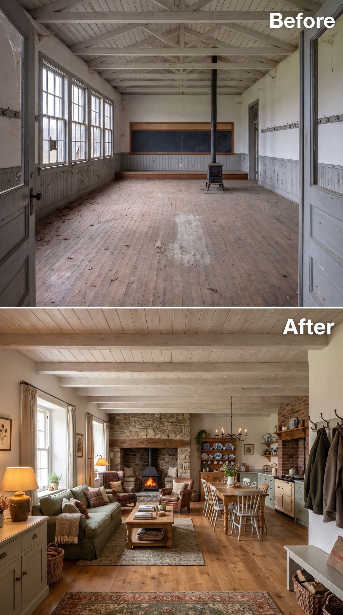 Sage Sofa, Stone Fireplace, Beamed Ceiling: Schoolhouse Finds Country Life