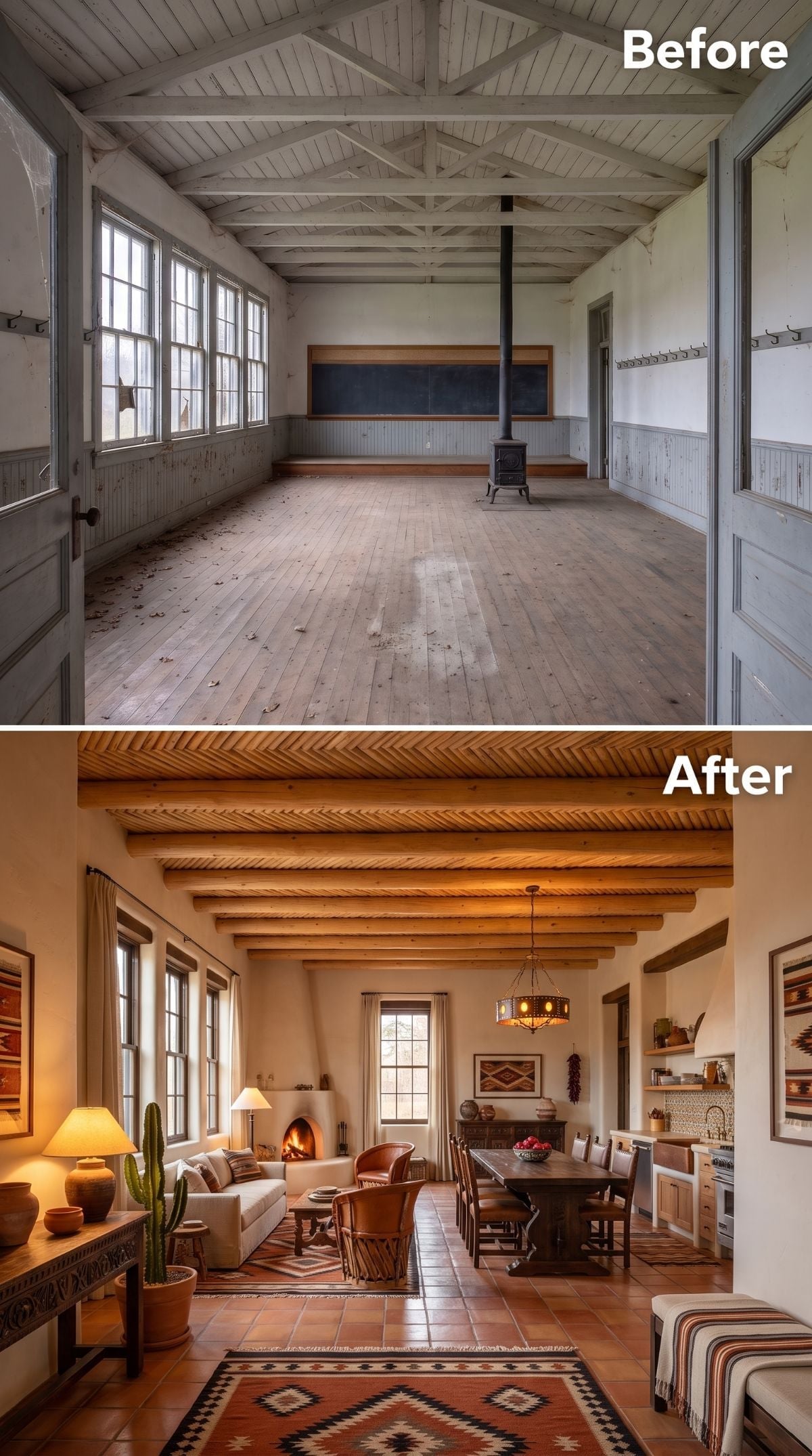 Saltillo Tile, Kiva Fireplace, Carved Vigas: Schoolhouse Goes Full Southwest