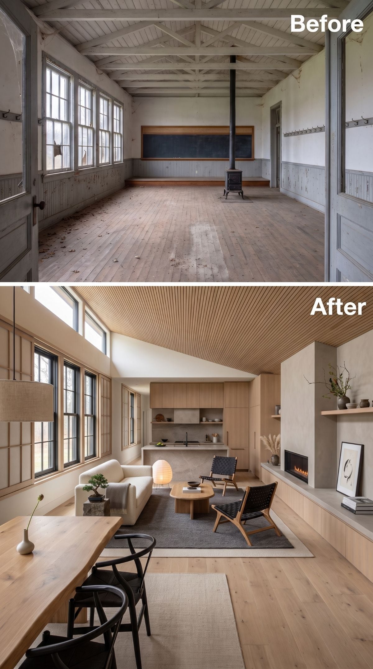 Slatted Ceilings and Limewash Walls Gave This Old Schoolhouse Its Calm