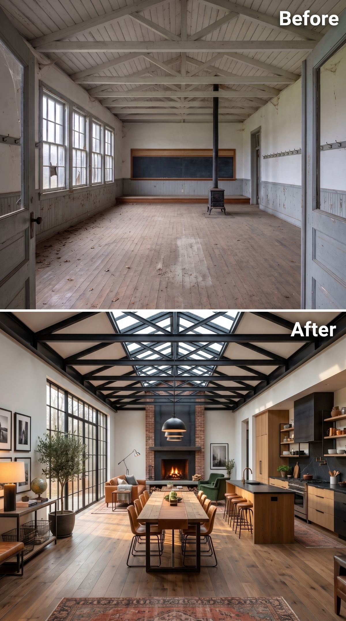 Steel Trusses, Brick Fireplace, Skylight Grid: Schoolhouse Finds Its Footing