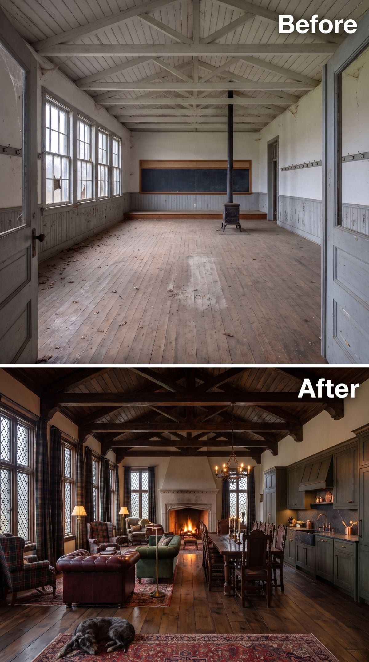 Tartan Chairs, Leather Sofa, Dark Trusses: Schoolhouse Becomes a Scottish Lodge