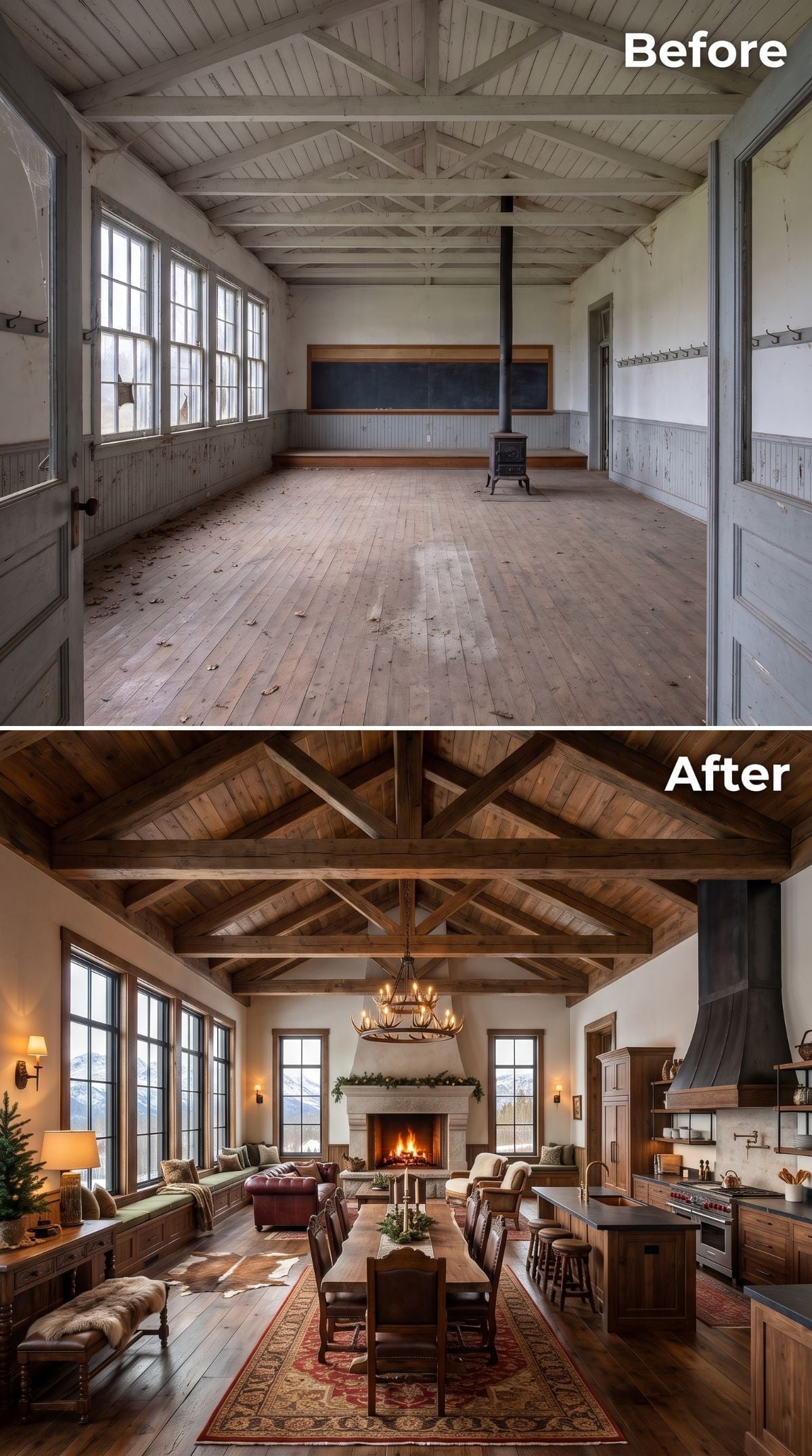 Walnut Trusses, Antler Chandelier, and a Fireplace Built to Last Generations