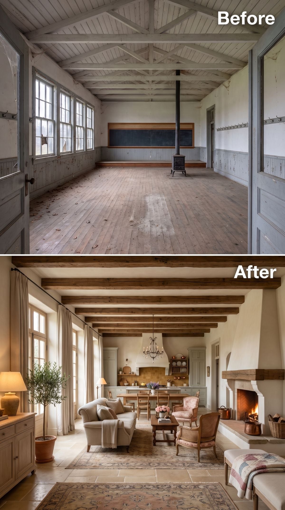 Warm Plaster, Exposed Beams, and a Fireplace That Does All the Heavy Lifting