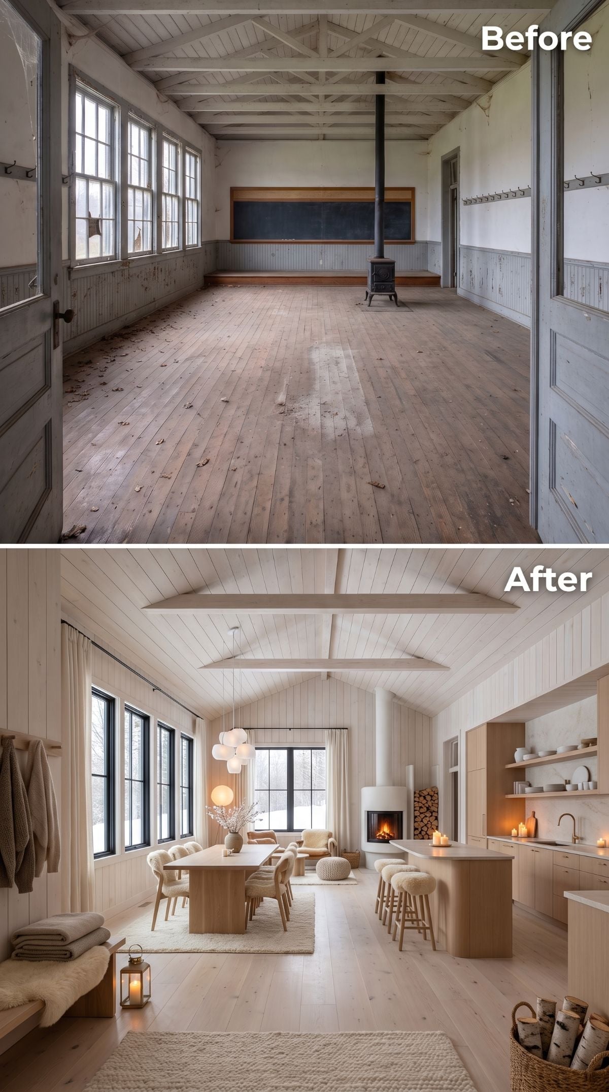 Whitewashed Vaulted Ceiling, Warm Oak, and One Fireplace Doing Serious Work