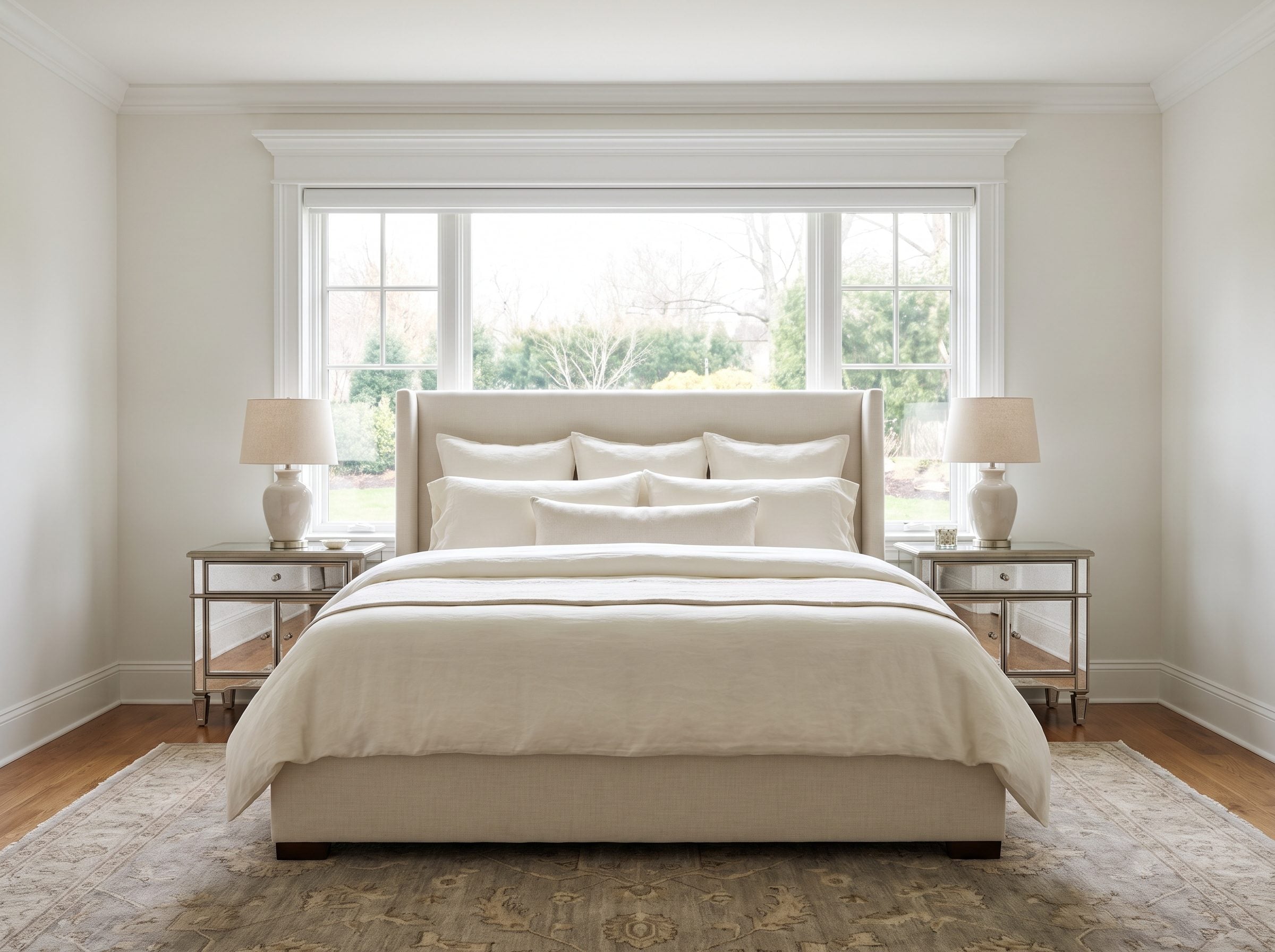 Primary bedroom with a king bed and low headboard centered beneath one picture window, matching walnut nightstands on both