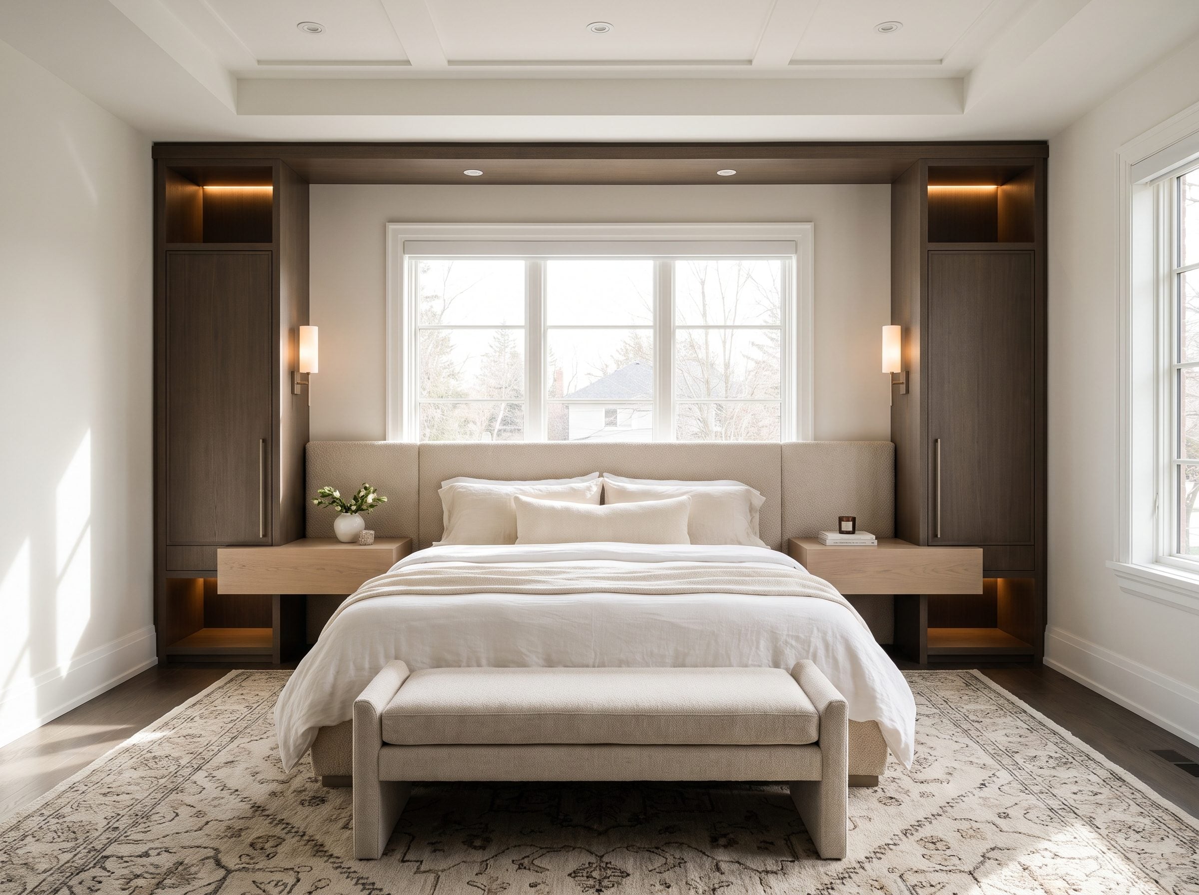 Bedroom with a king bed centered under a window inside a wall of white-oak built-ins, matching floating nightstands and