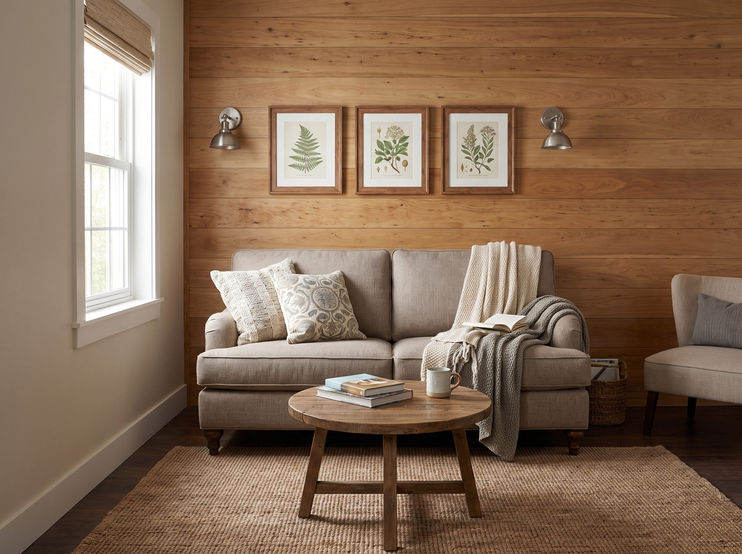 Ten-by-twelve cottage living room with an 84-inch linen sofa against the solid left wall and two movable chairs facing it,