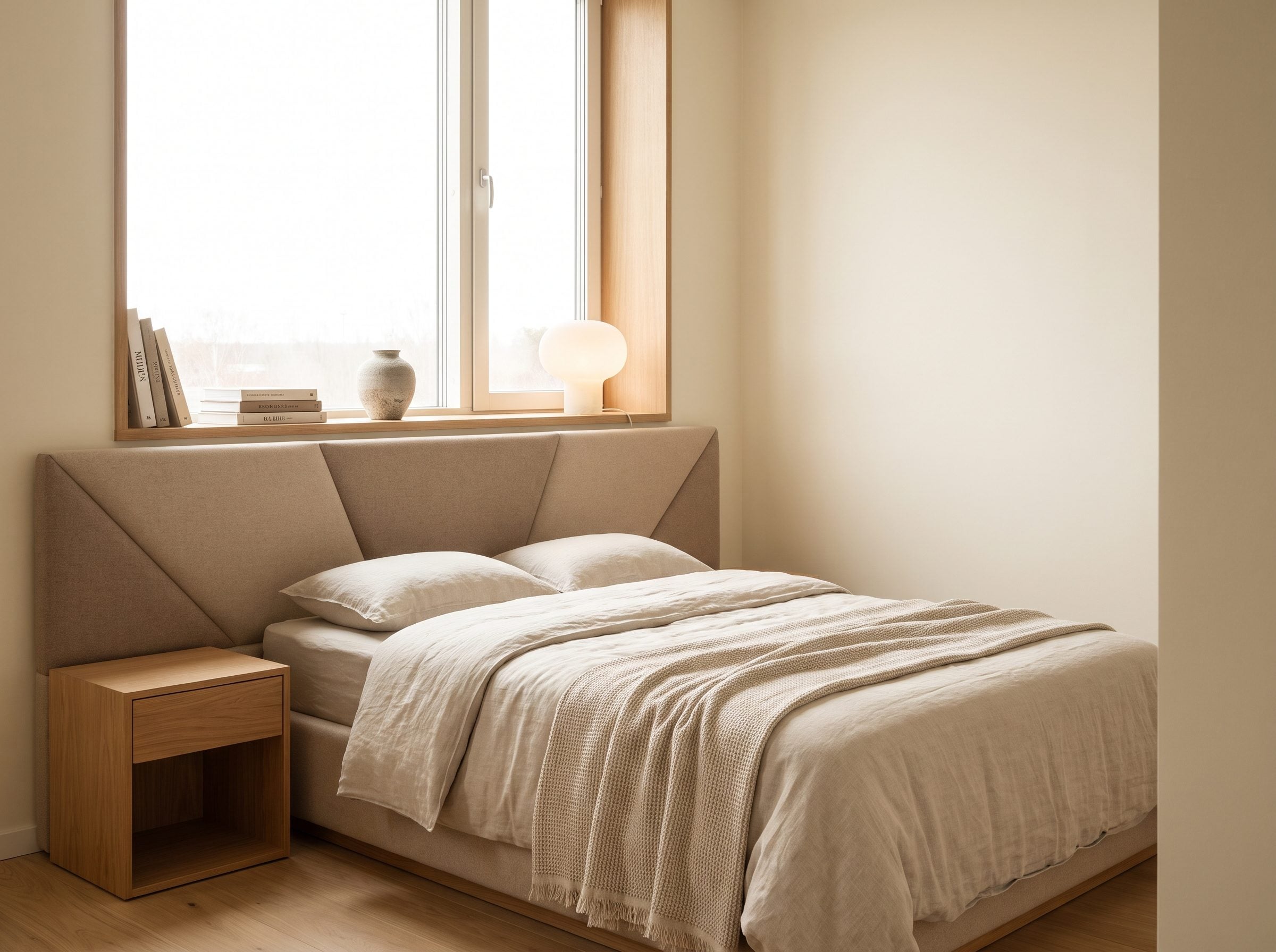 Modern bedroom with a king bed beneath a wide window whose sill sits just above a 36-inch low linen headboard and holds