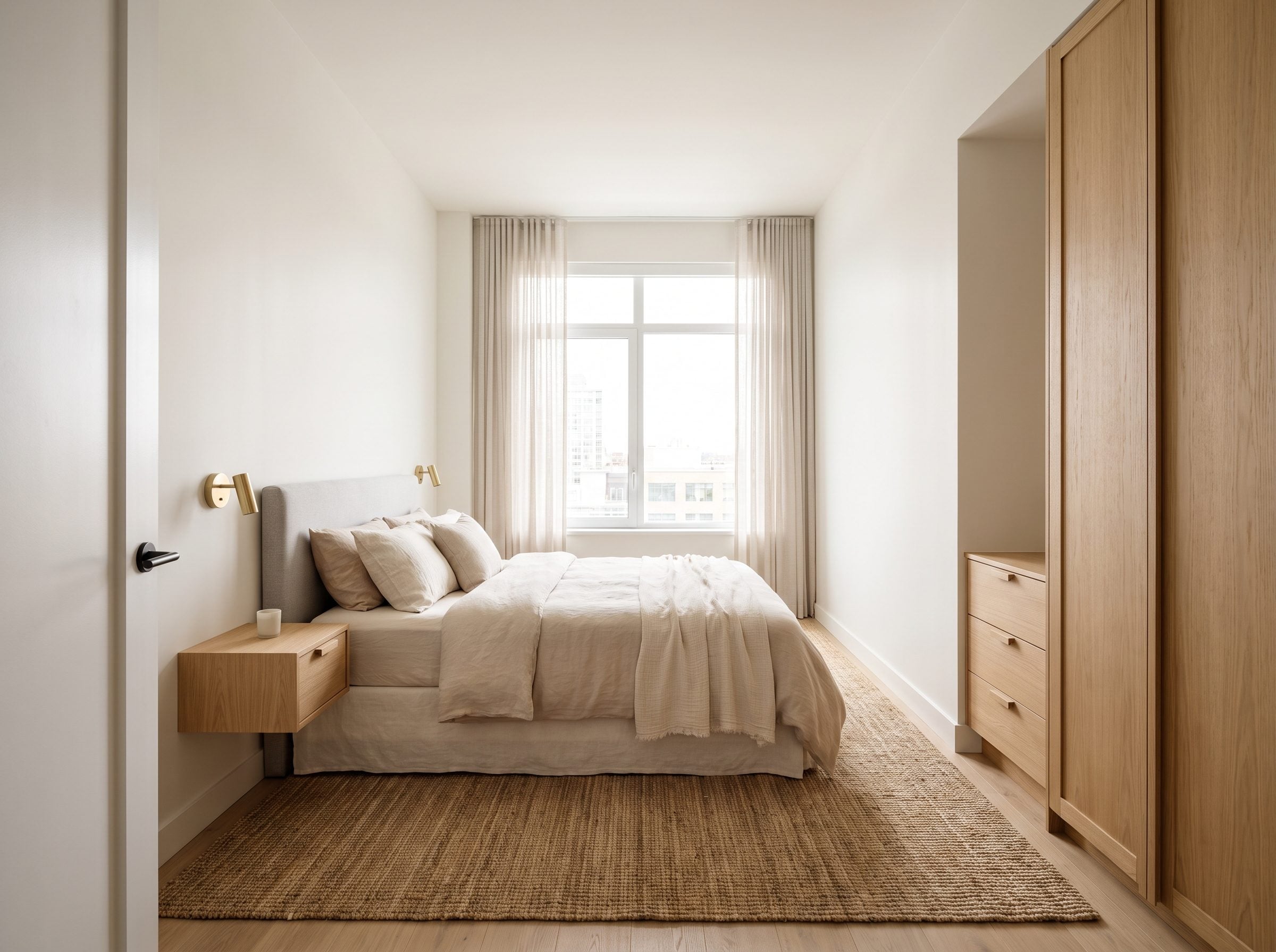 Compact bedroom with a queen bed centered under the window and a full-height wardrobe on the opposite wall.