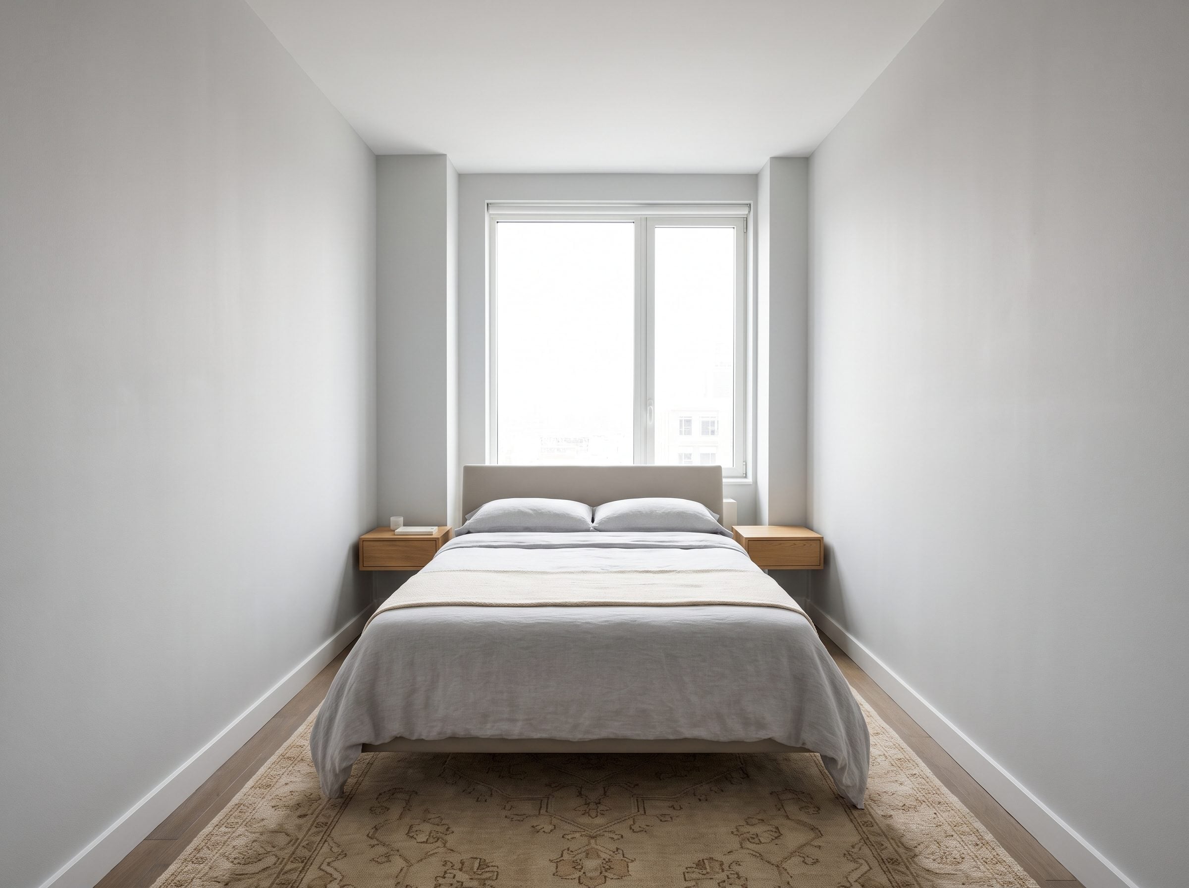 Narrow bedroom with a centered queen bed under the end-wall window and about 22 inches of clear floor on each side.