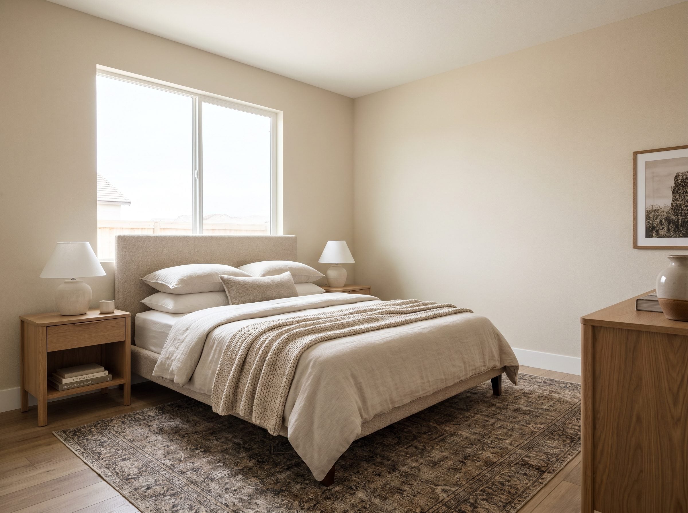 Primary bedroom with a king bed and low upholstered headboard centered under a wide window flanked by matching nightstands.