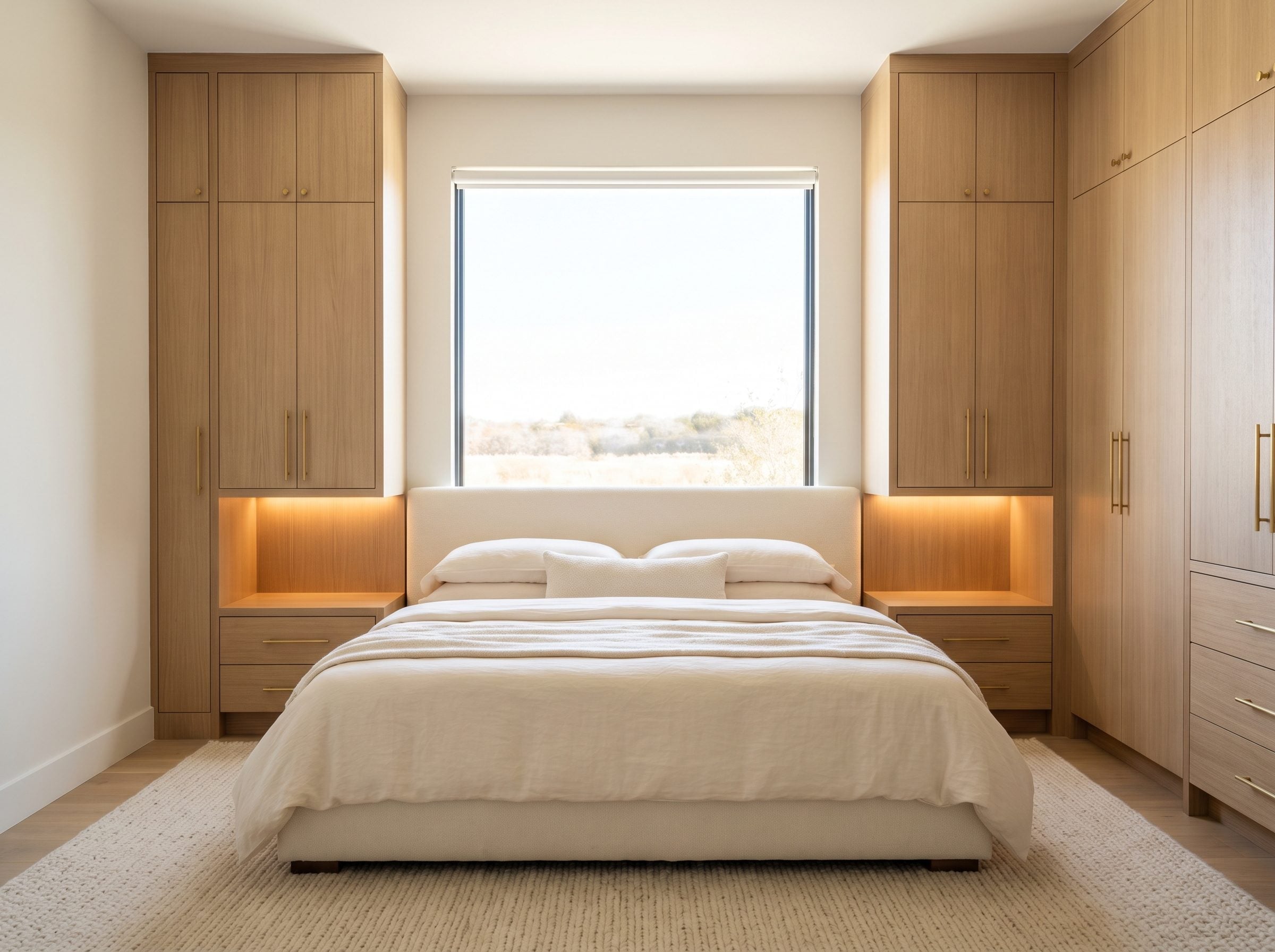 Bedroom with a king bed centered under a rectangular window, flanked by symmetrical floor-to-ceiling white-oak built-in